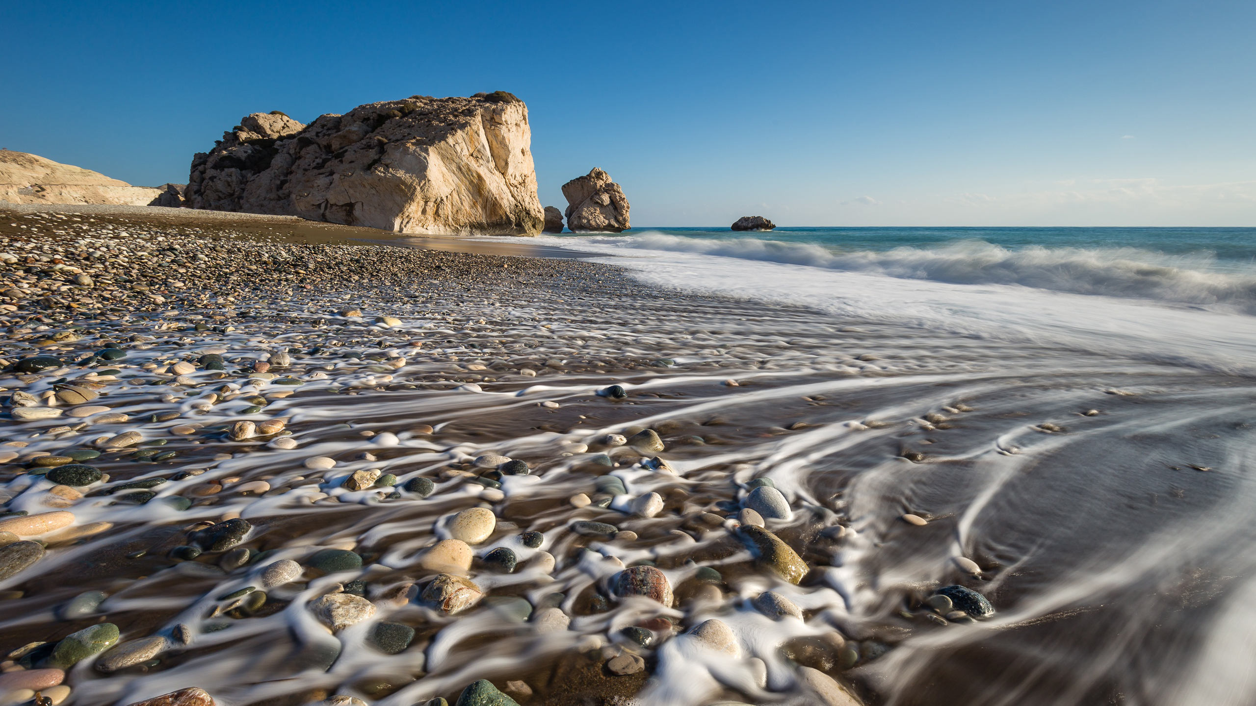 Beach Waves Stones Rocks Pebbles Stream Ocean Blue Sky HD Nature
