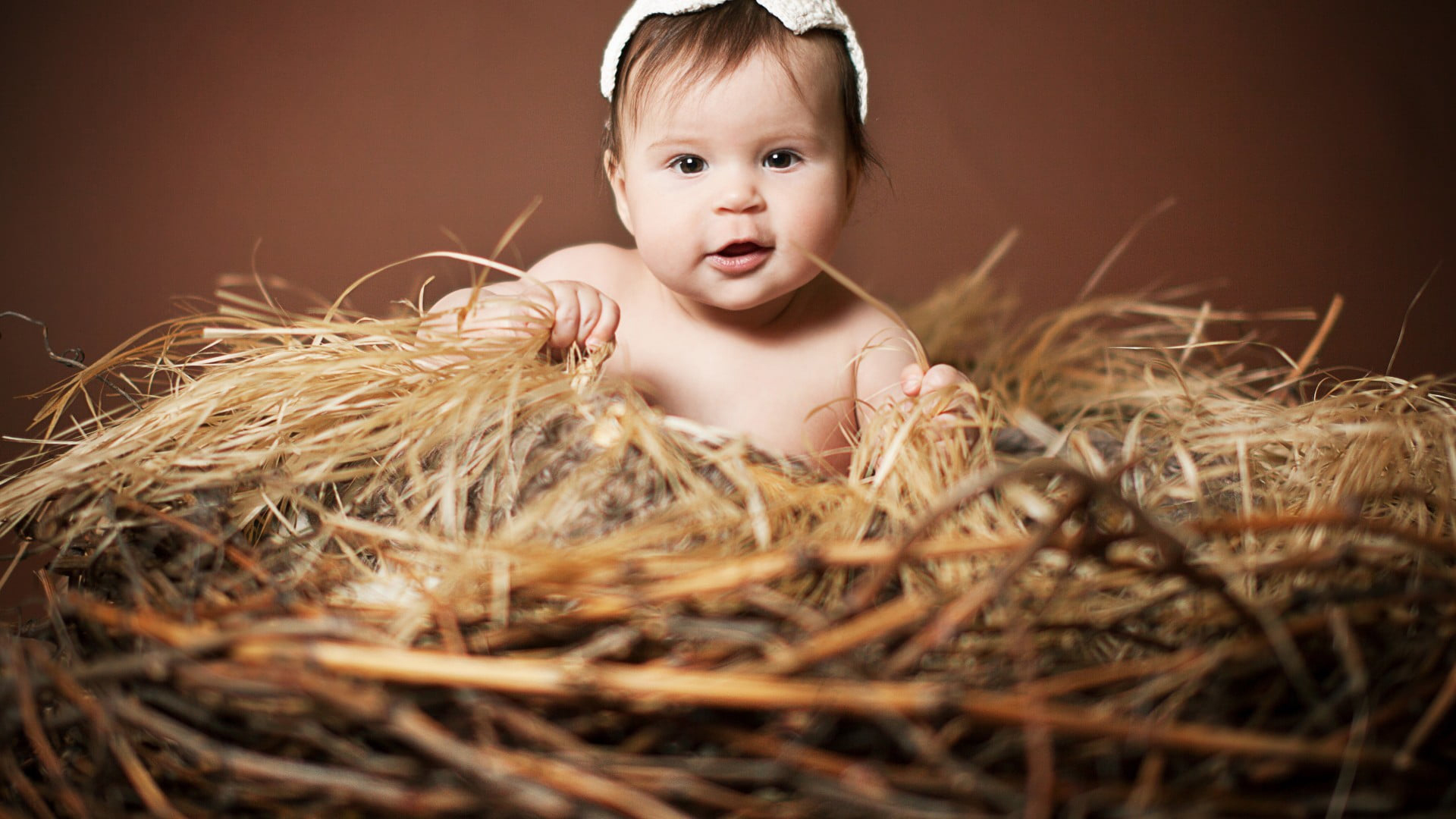Baby Child Is Sitting On Haystack In Brown Wallpaper HD