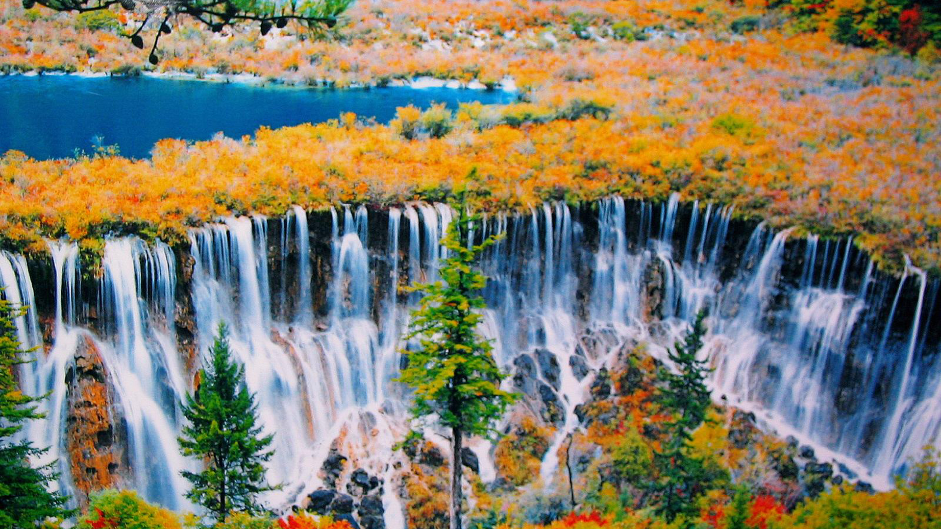 Aerial View Of Multiple Waterfalls Colorful Fall Autumn Trees HD Nature