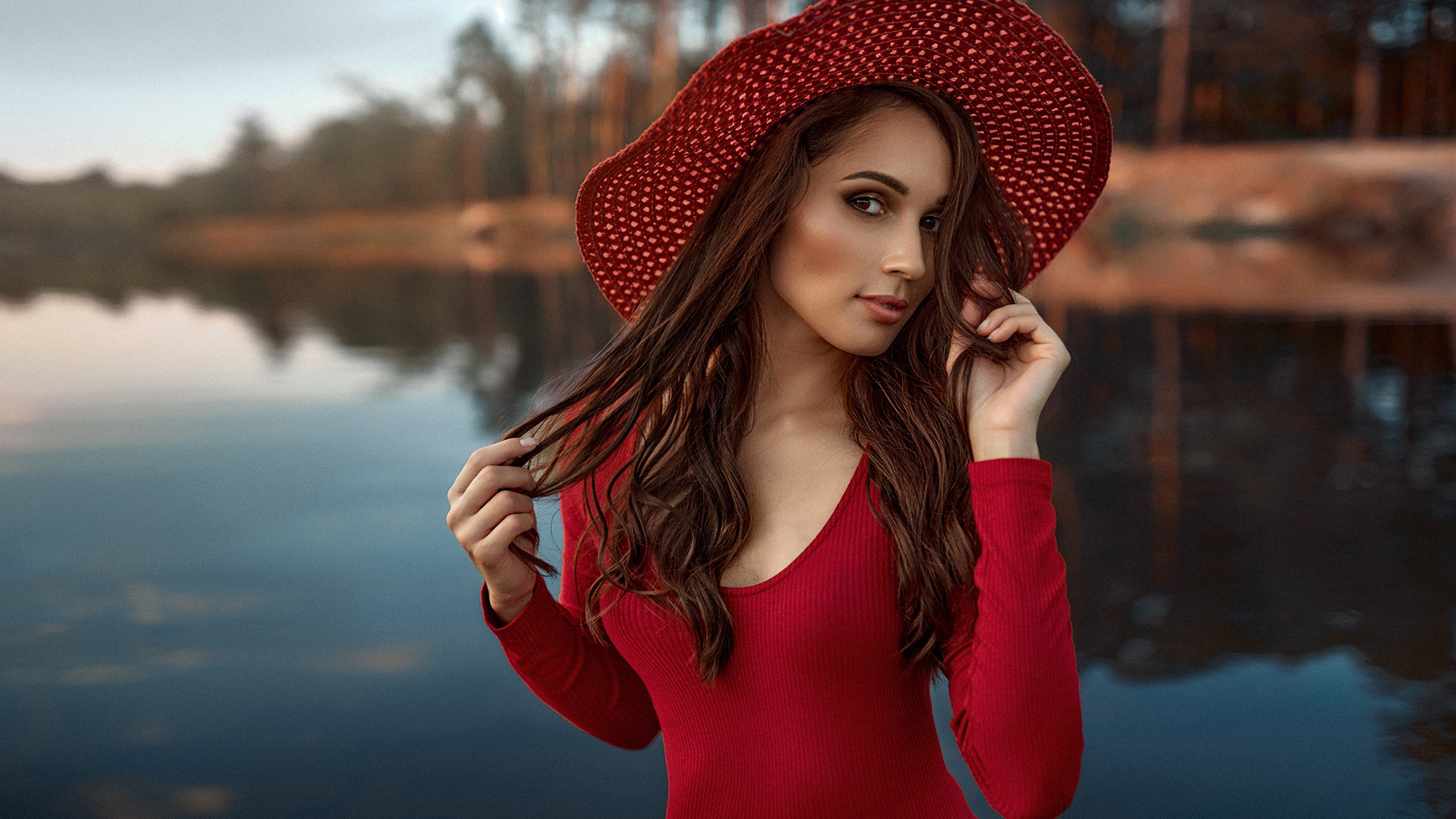 Brunette Girl Model Is Wearing Dark Maroon Dress And Hat Standing In Water Wallpaper HD Girls