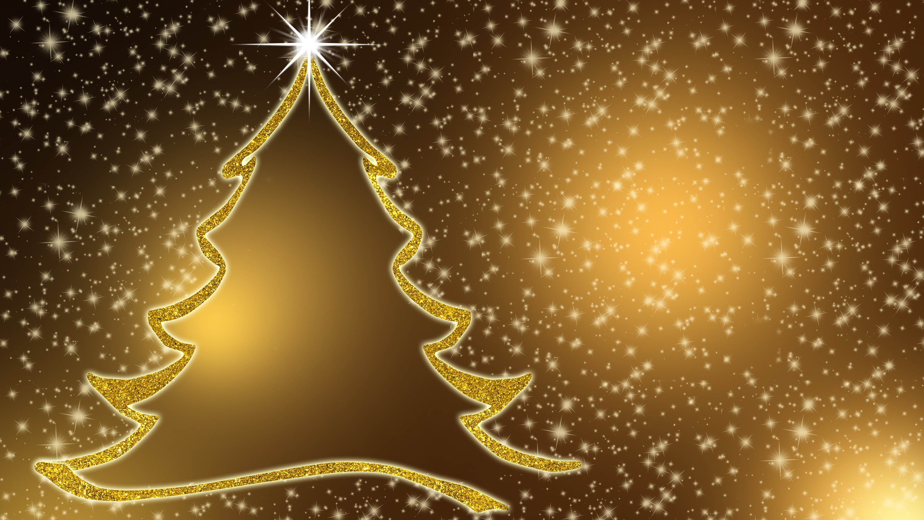 Golden Christmas Tree With Star In Golden Sparkling Wallpaper K HD Christmas Tree