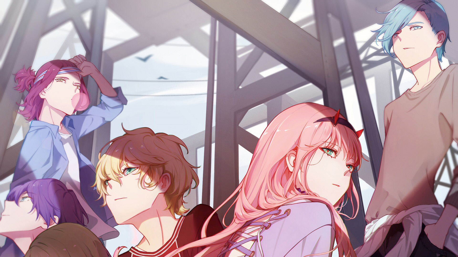 Darling in the franxx zero two with friends sitting near a tower Wallpaper hd