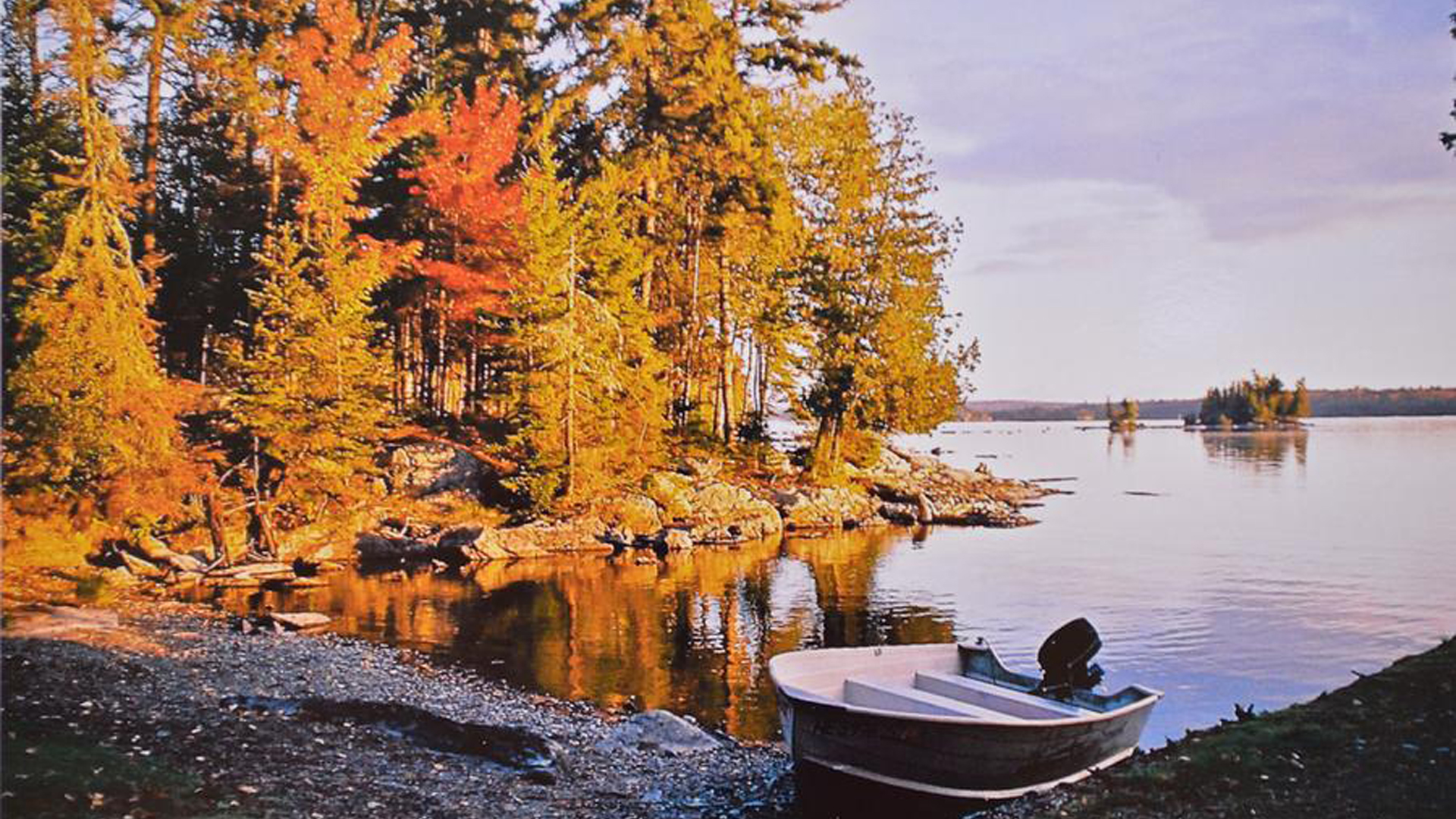 White Boat On Water Red Green Autumn Fall Trees River Under White Sky HD Fall