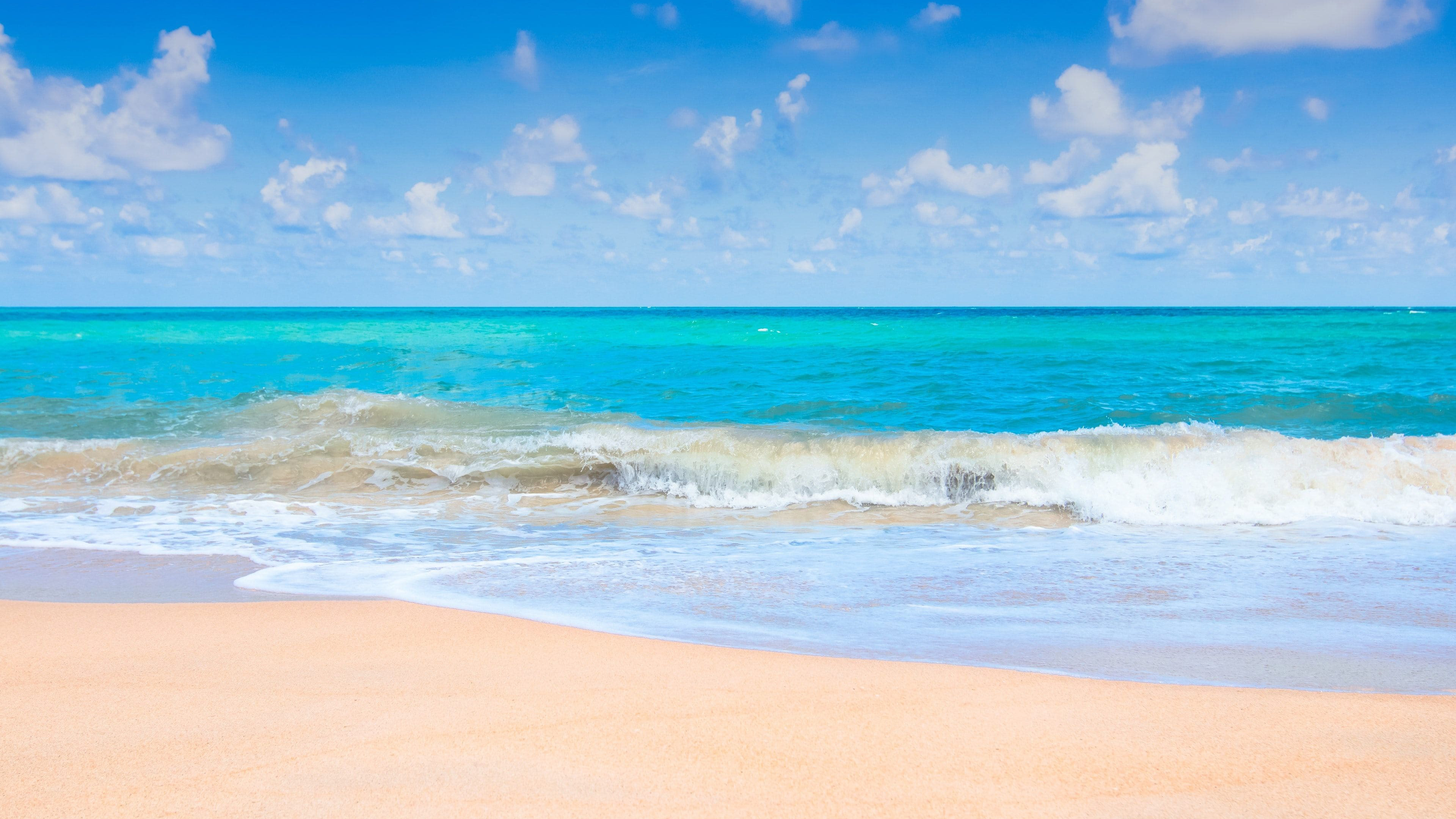 Blue Beautiful Ocean Waves Beach Sand In White Clouds Blue Sky Wallpaper K HD Ocean