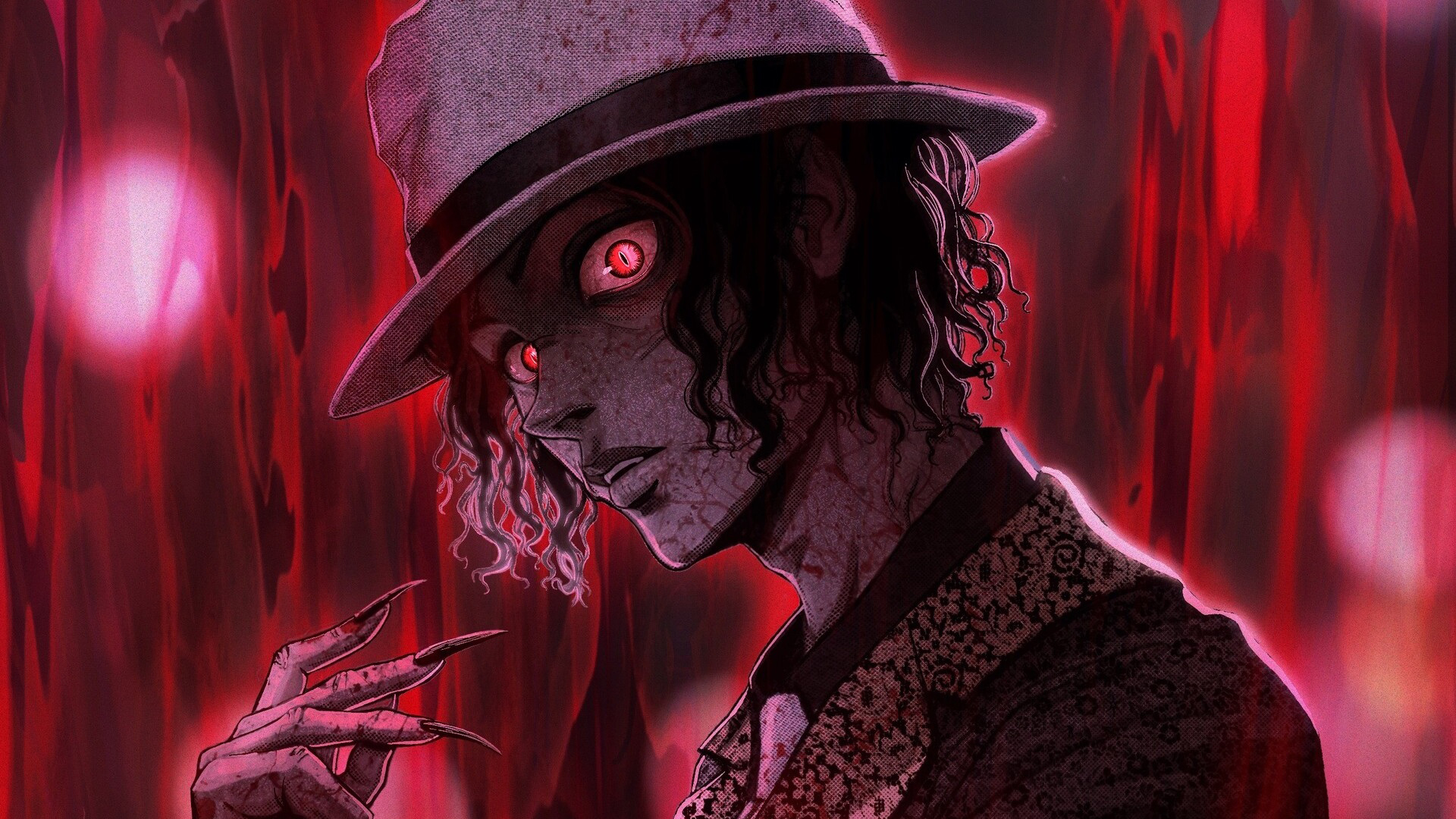 Demon slayer muzan kibutsuji with red eyes sharp long nails and hat with Wallpaper of red hd