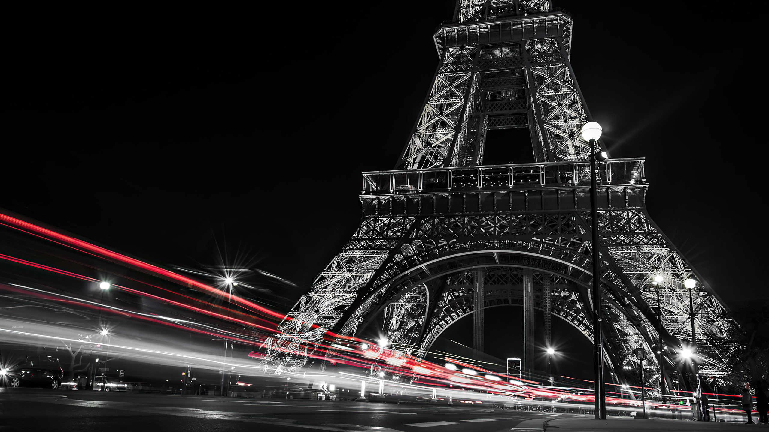 Black And White Picture Of Paris Eiffel Tower And Red Lights On Road With Dark Sky Wallpaper During Night HD Travel