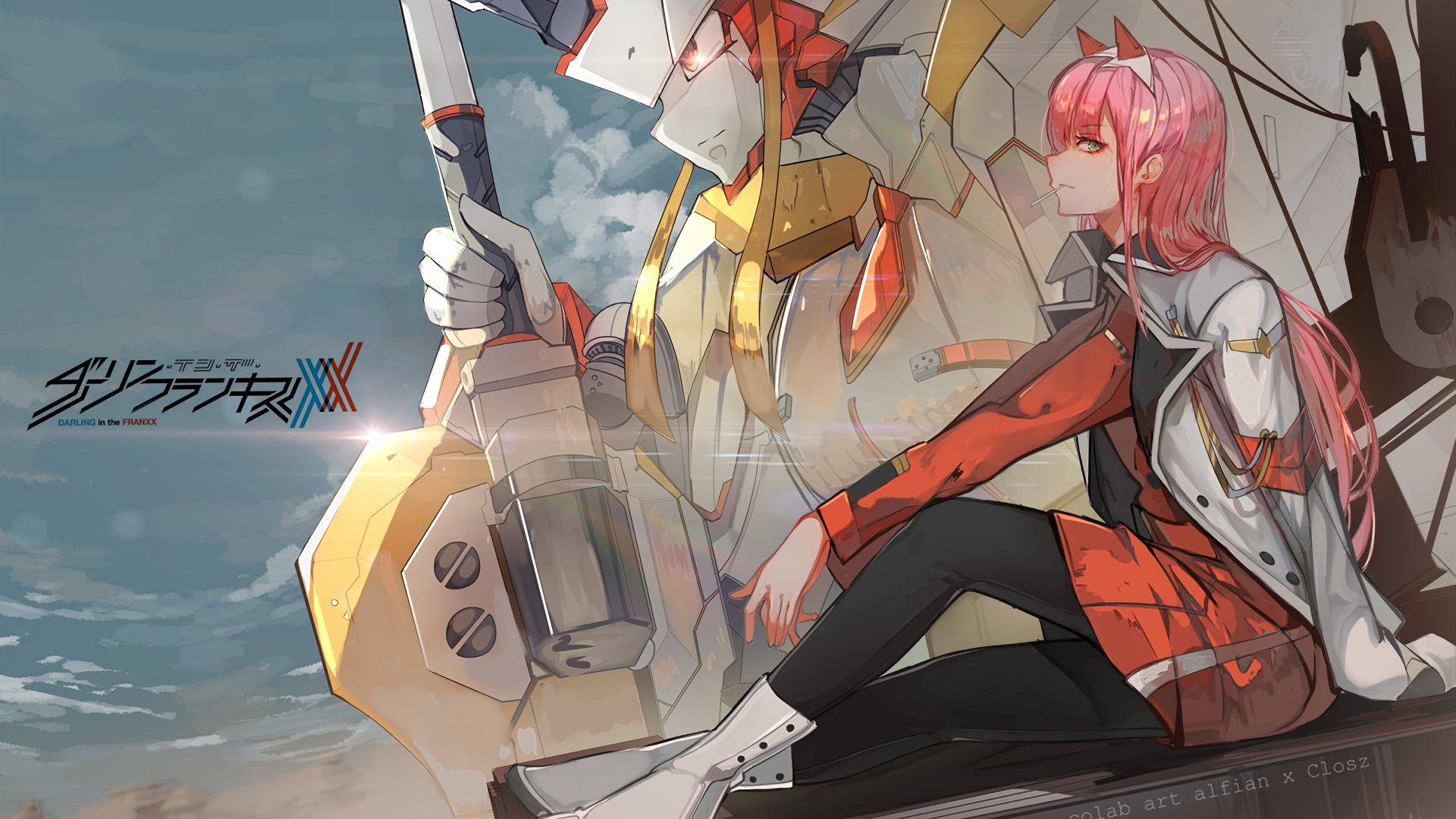 Darling In The FranXX Zero Two Hiro Zero Sitting On Side With Leg Straight Near A Giantman With Wallpaper Cloudy Sky HD