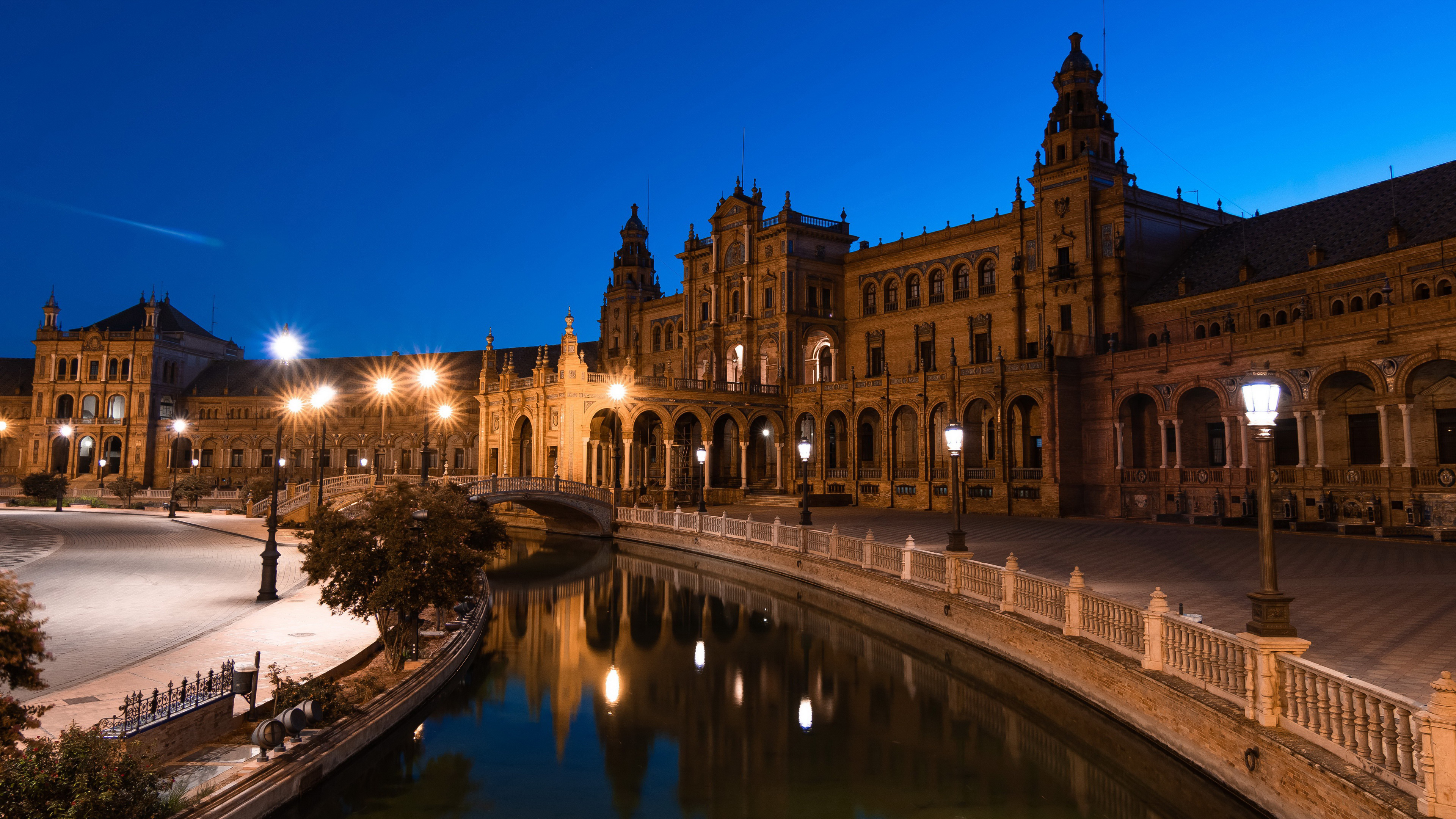Lighting Buildings With Reflection On Pond Seville Andalusia Plaza de Espana K HD Travel