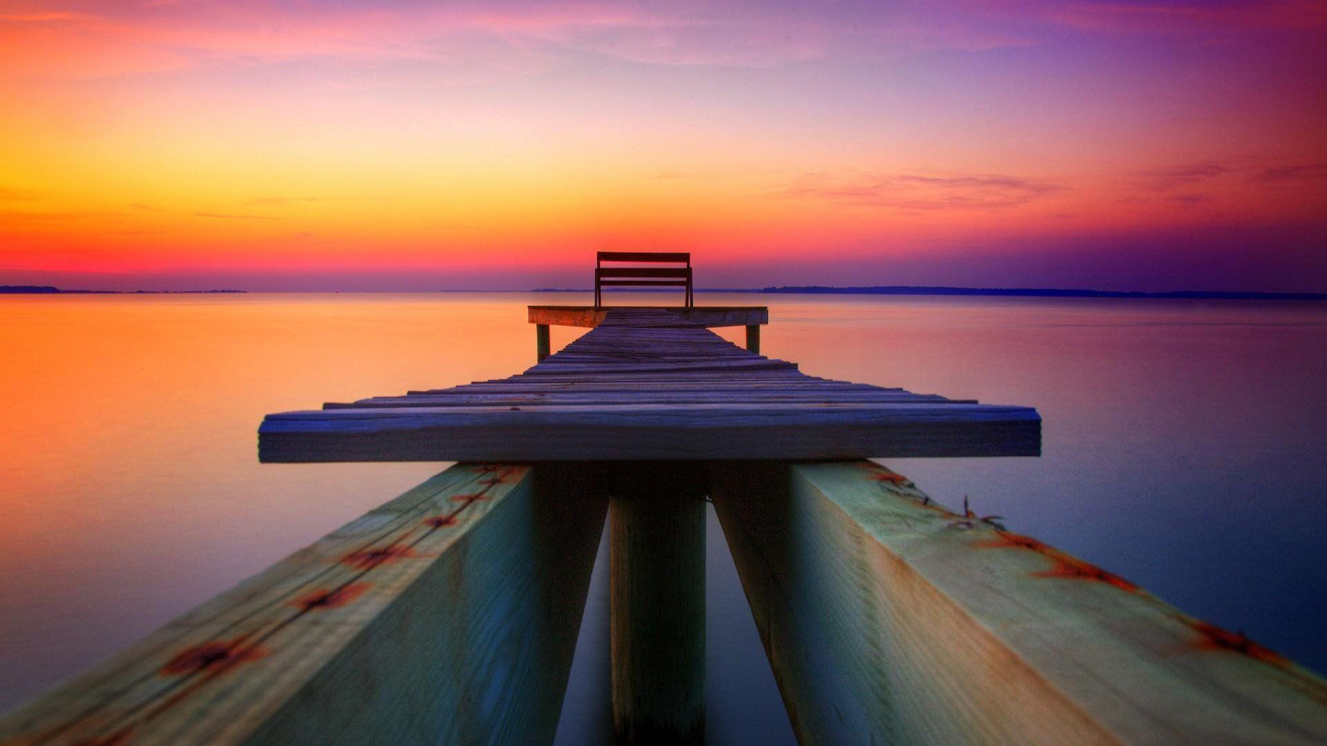Wooden Bench On White Dock Under Colorful Sky HD Lounge