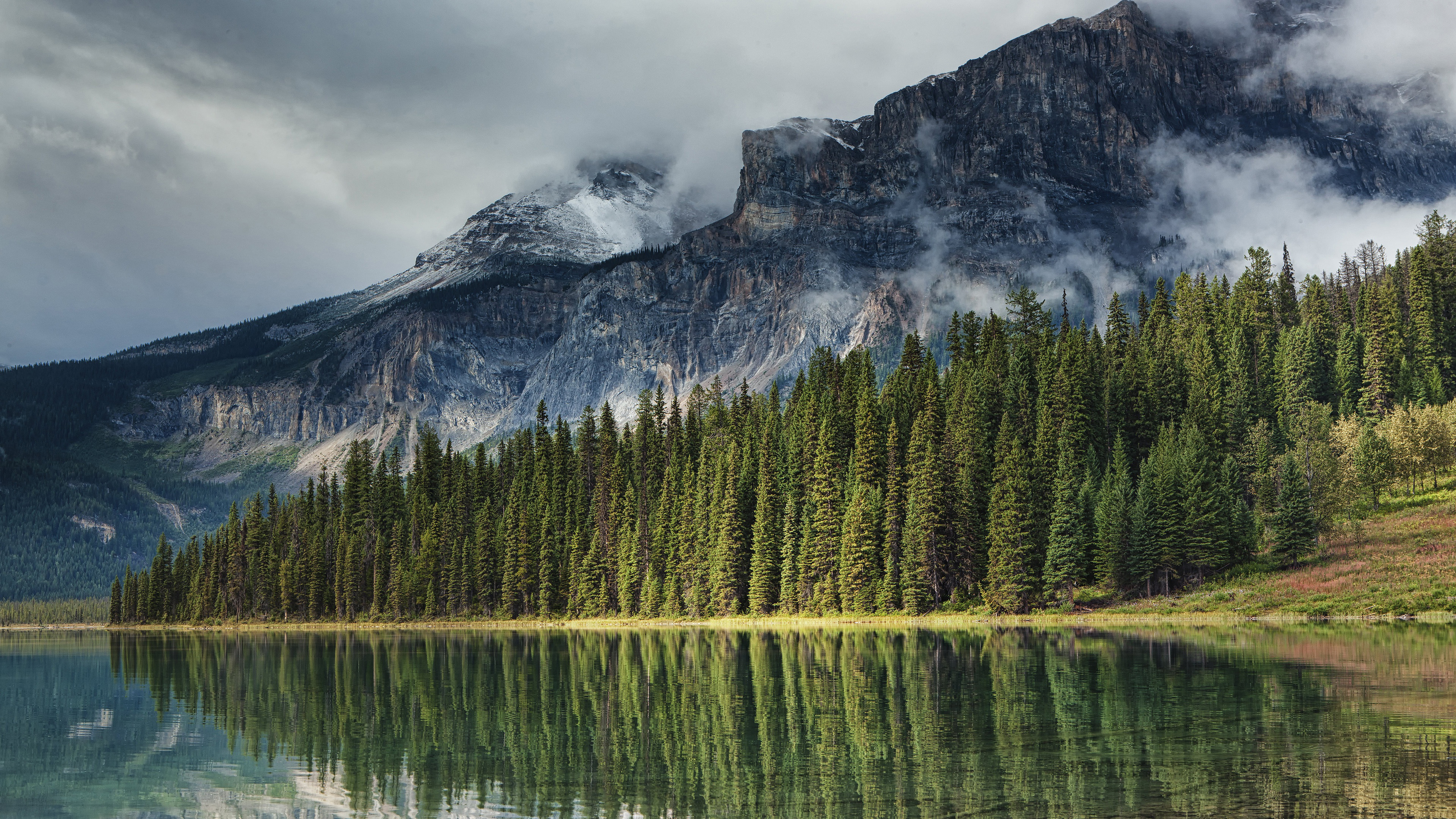 Canada Lake With Fir Trees And Clouds Touching Mountain K HD Nature
