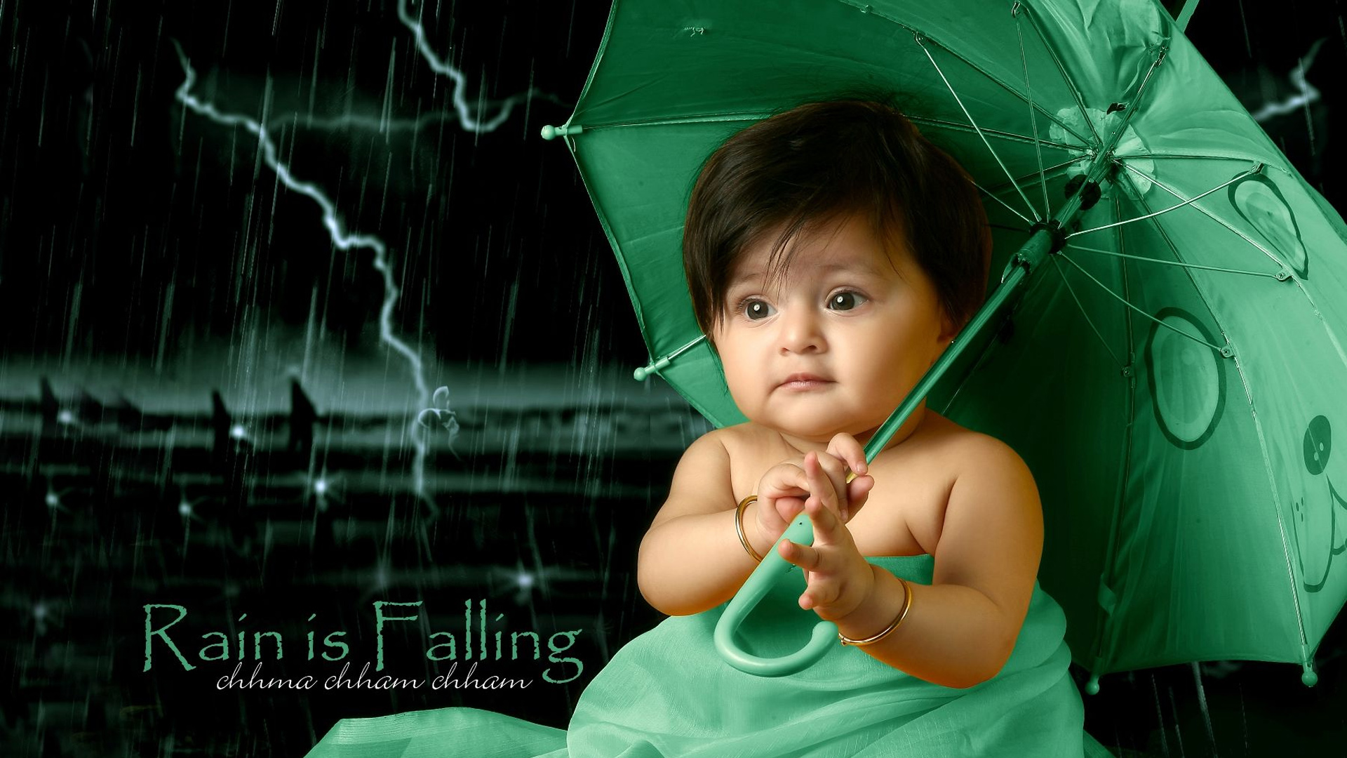 Baby Girl Is Holding Green Umbrella Wearing Green Dress HD