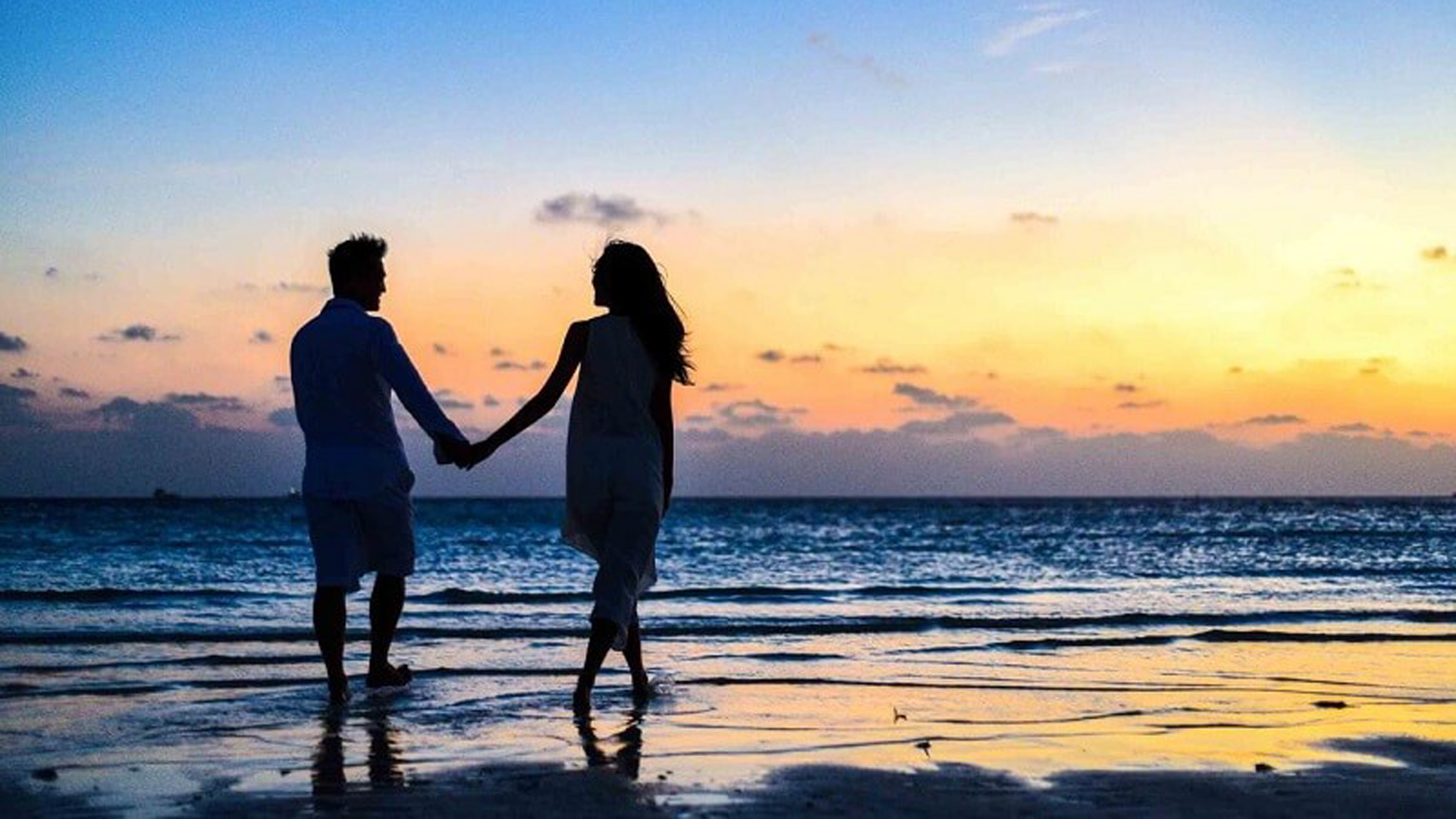 Couple Is Walking On Beach Sand In Silhouette Wallpaper HD Couple