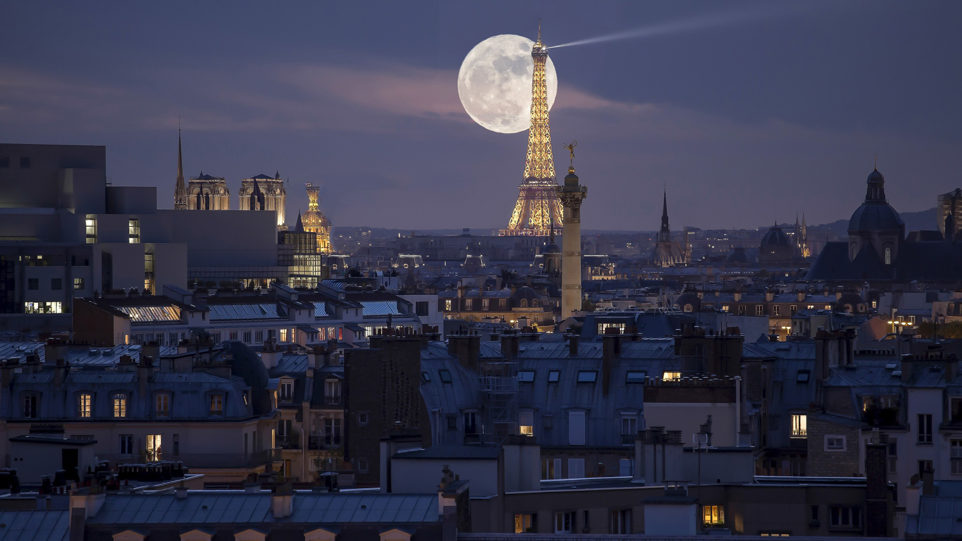 Paris Eiffel Tower With Wallpaper Of Full Moon And Cloudy Sky HD Travel