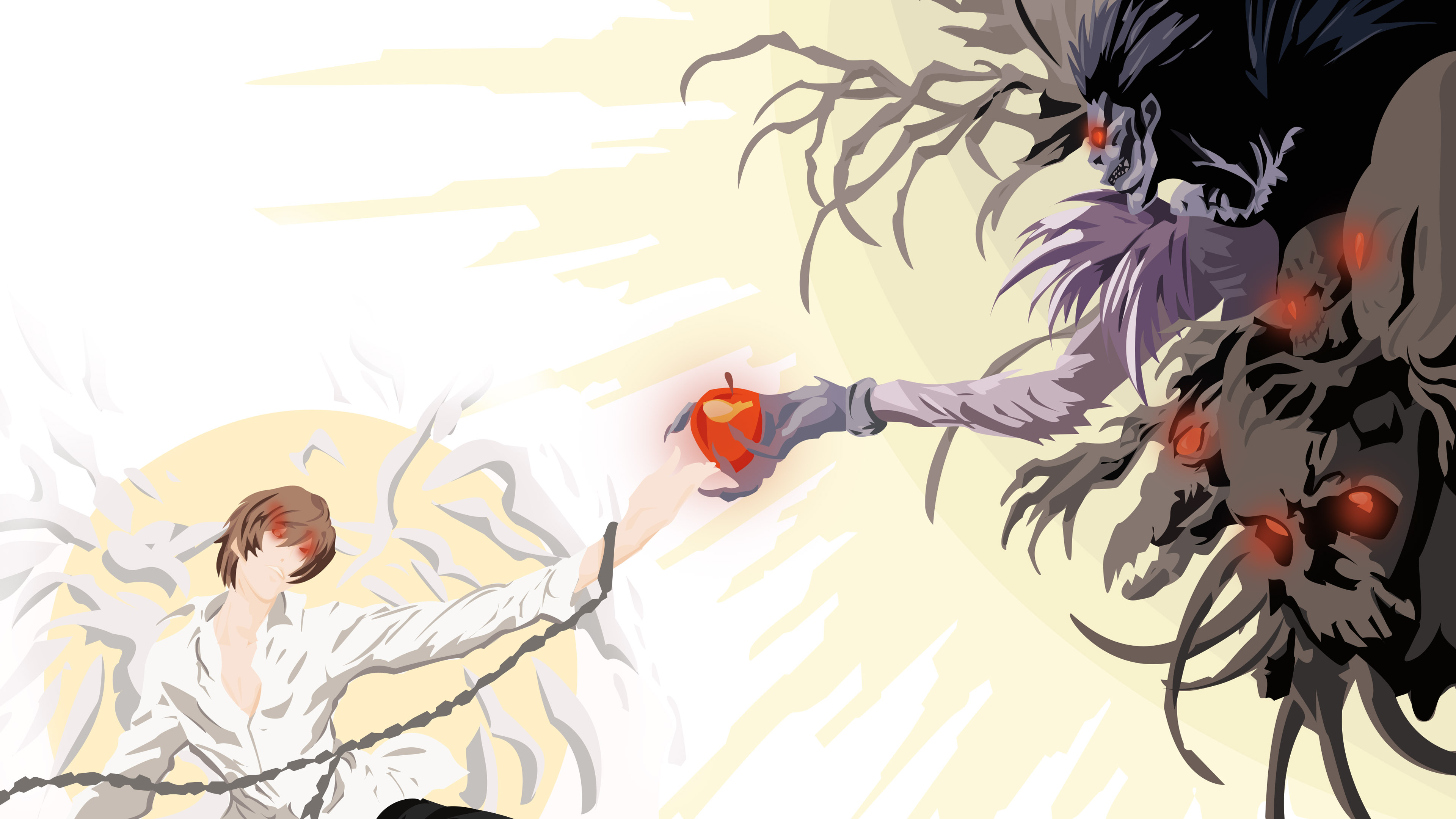 Smiley brown hair glowing eyes kira light yagami with handlock and red eyes ryuk with apple death note k hd
