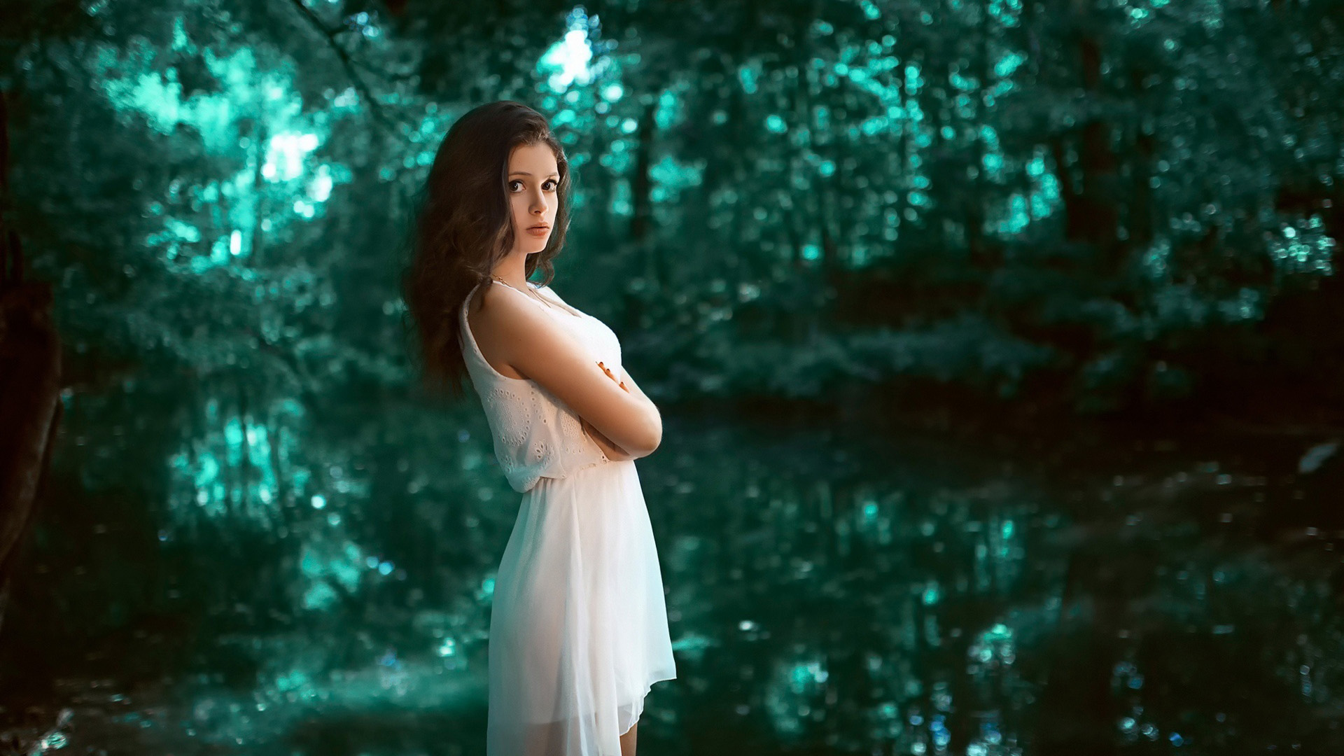Beautiful Girl Model Is Wearing White Dress Standing In Blur Forest Wallpaper HD Girls