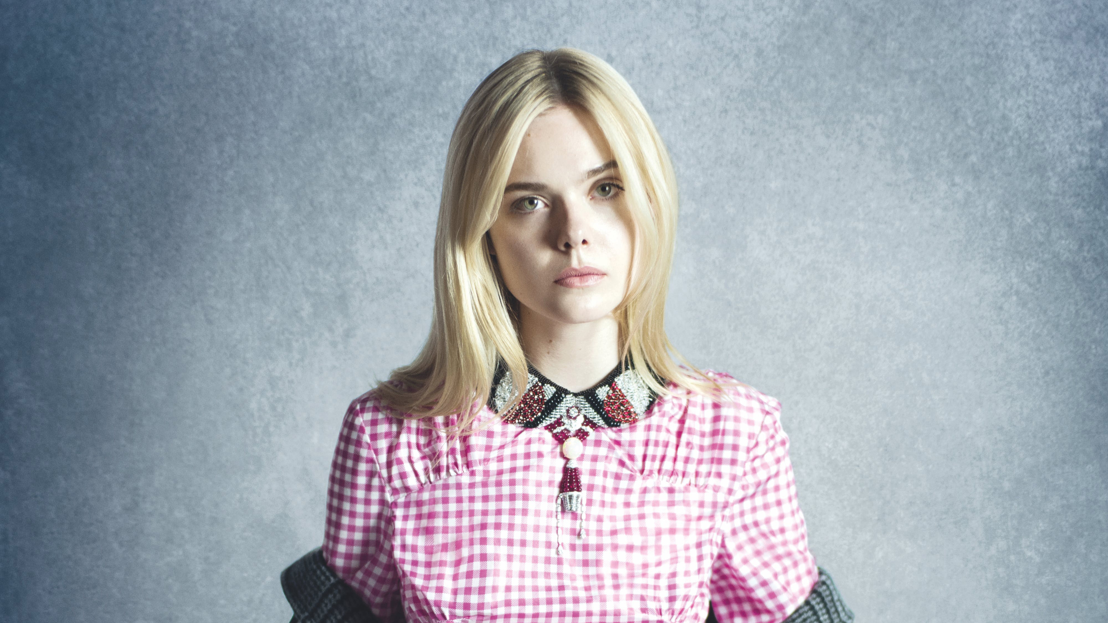 Mary Elle Fanning Is Wearing Pink Checked Shirt In Gray Wallpaper K HD Mary Elle Fanning