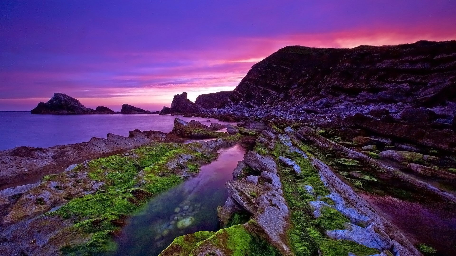 Algae Covered Rocks Body Of Water Mountains Under Purple Pink Clouds Sky Scenery HD Nature