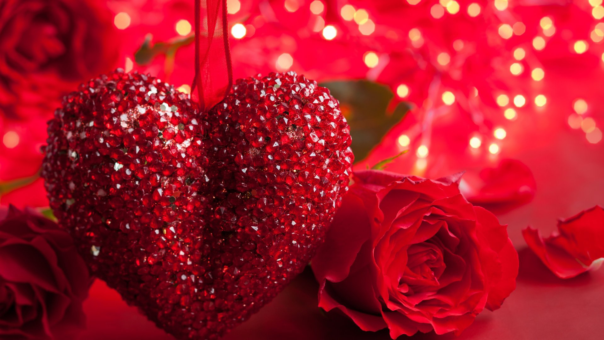 Glittering Stone Red Heart In Bokeh Wallpaper HD Valentines