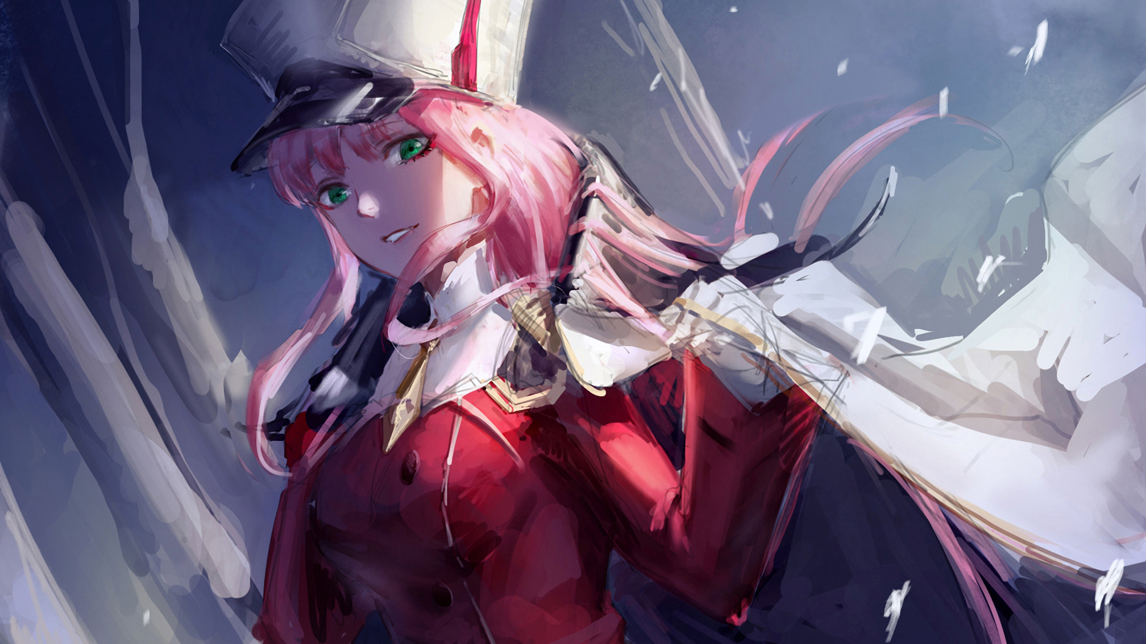 Darling in the franxx zero two with hat with Wallpaper of gray and blue k hd