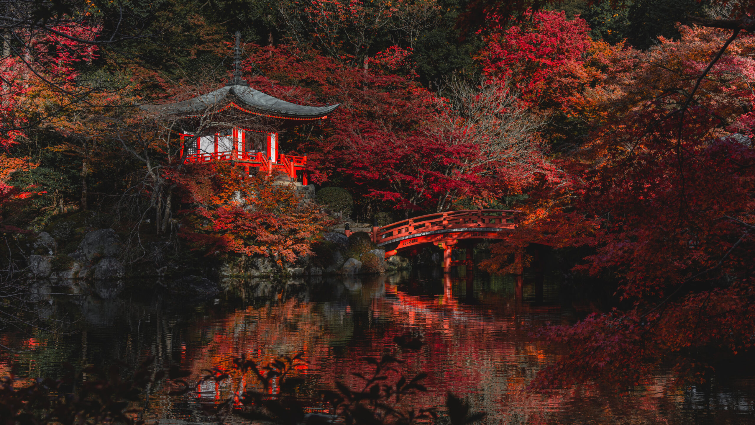 Landscape View Of Pagoda Yellow Red Green Autumn Fall Leaves Trees Park Bridge Reflection On Pond K K HD Nature