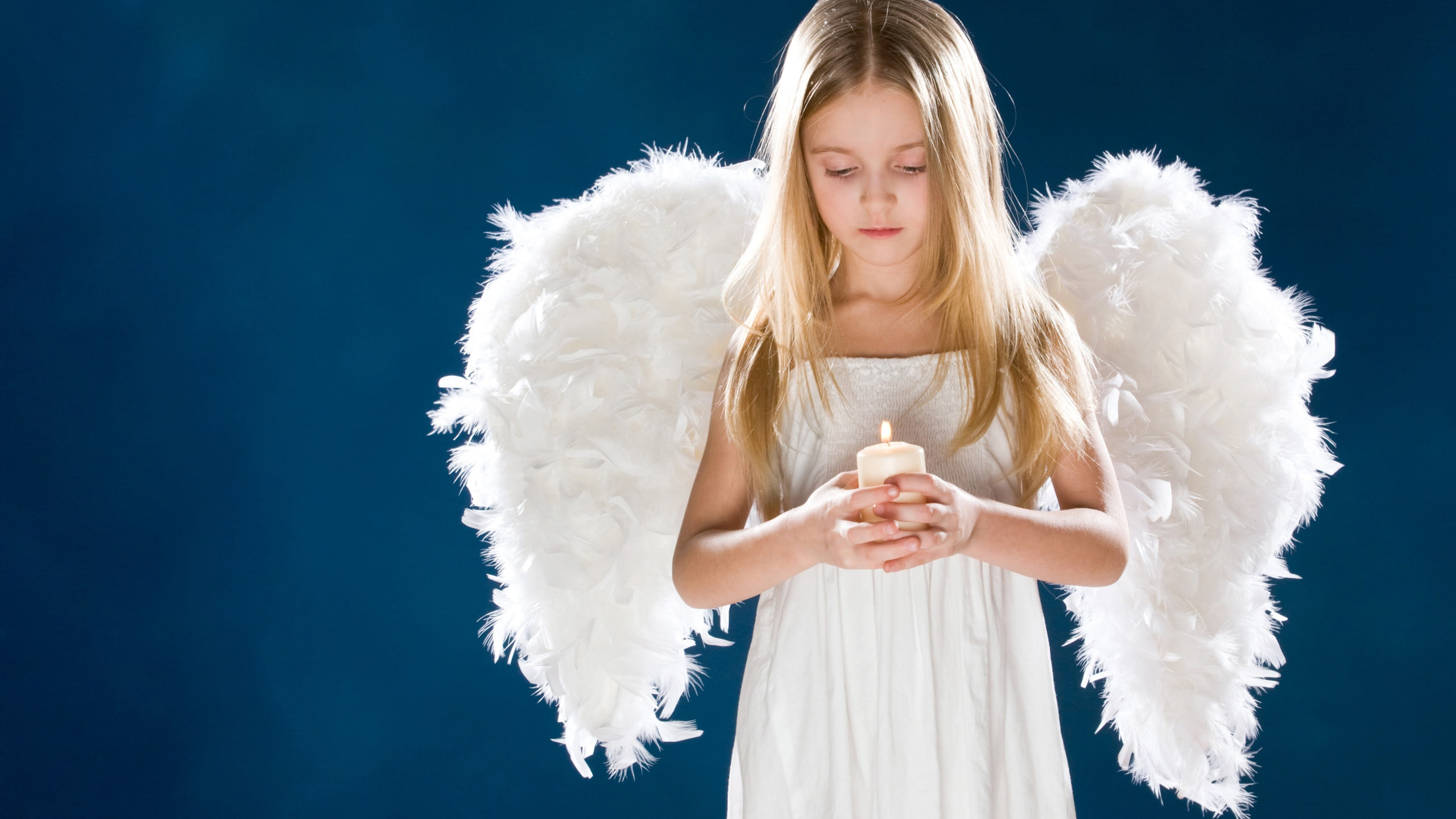 Girl With Wings Is Holding Candle With Hands Wearing White Dress In Blue Wallpaper HD