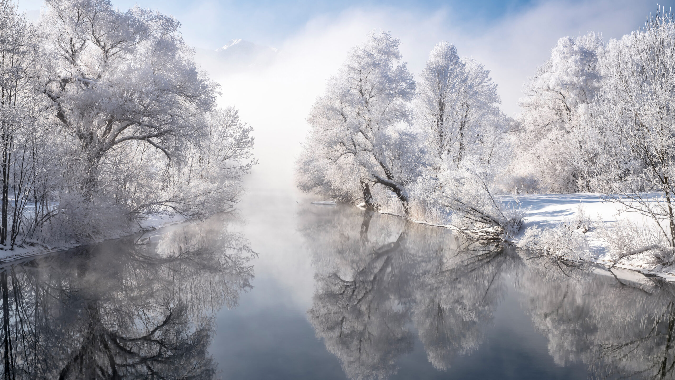 River Between Snow Covered Trees Under White Clouds Blue Sky Reflection On Water K K HD Winter