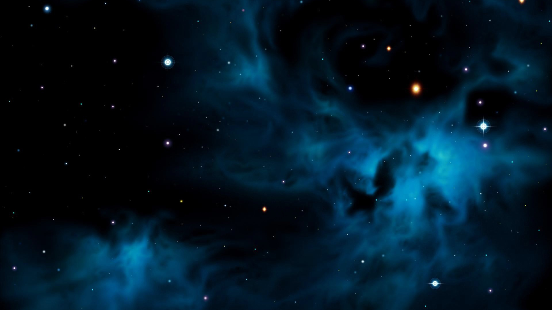 Blue And Light Fire Orange Stars And Clouds On Black Sky HD Space