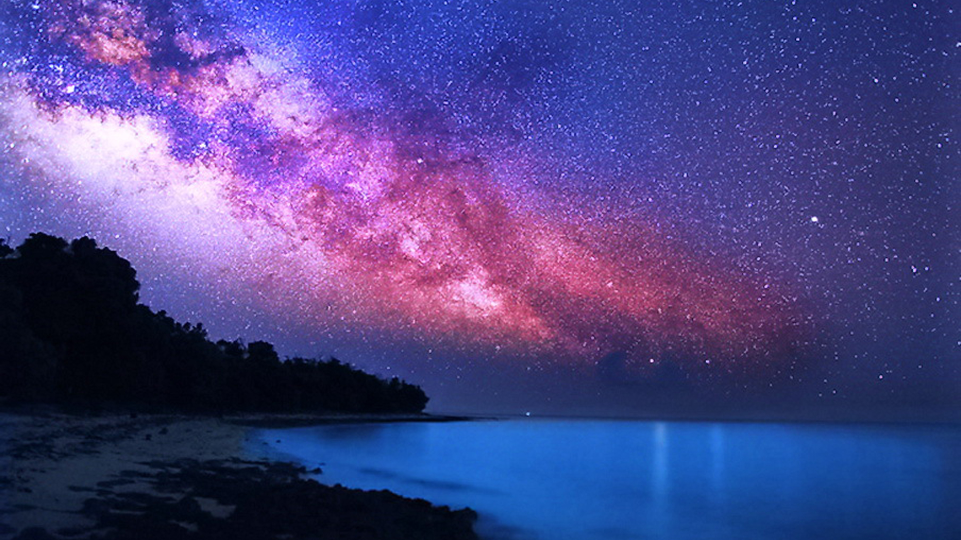 Calm Body Of Water And Green Trees Sand Under Milky Way Starry Clouds Sky HD Nature