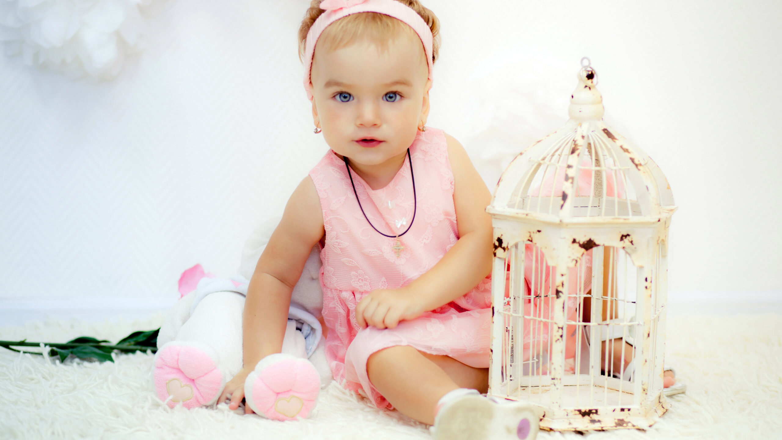 Little Girl With Blue Eyes Is Sitting Near Bird Cage Wearing Light Pink Dress K HD