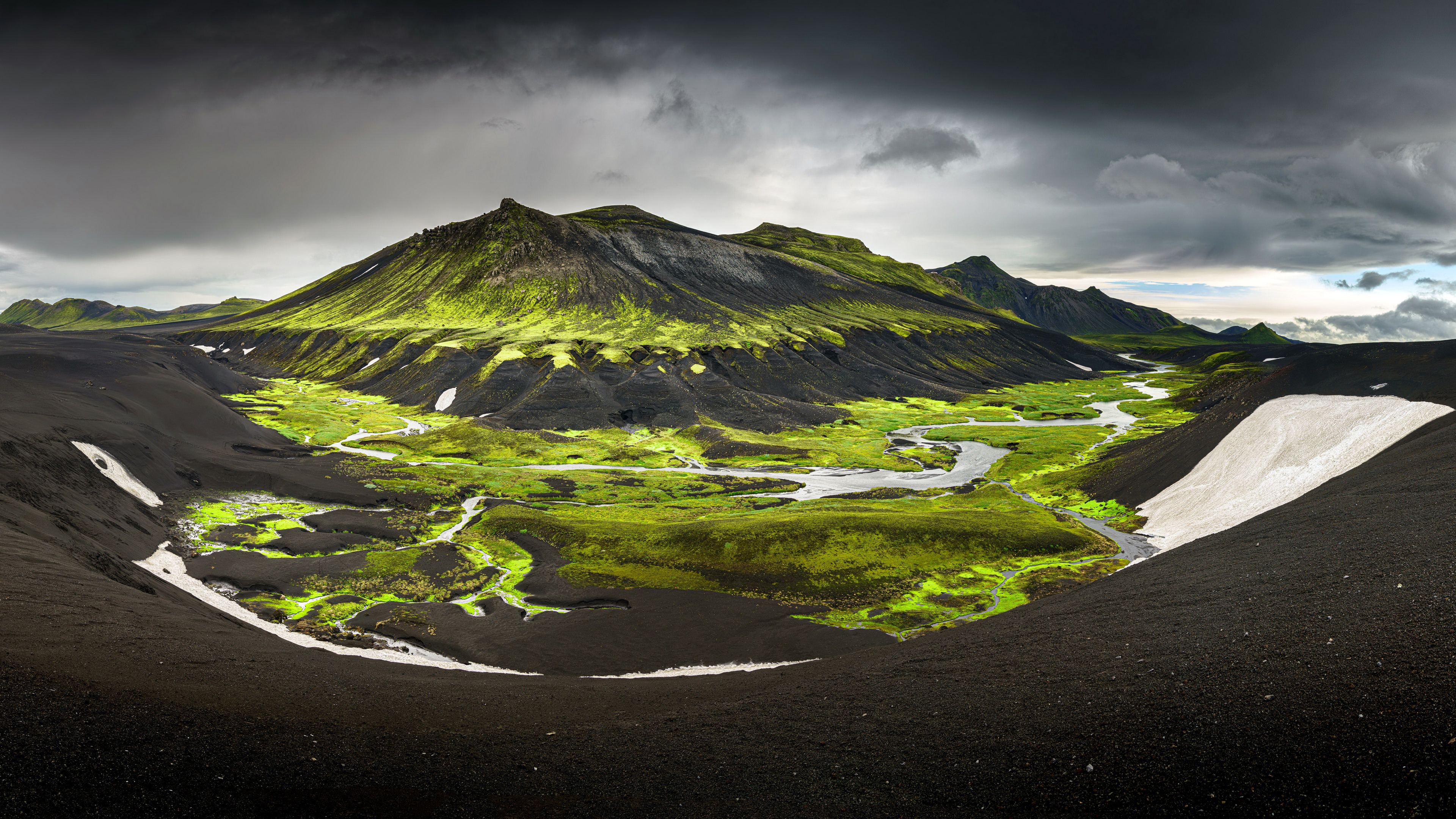 Landscape View Of Green And Black Covered Mountain In Iceland Under Black And White Cloudy Sky K HD Nature