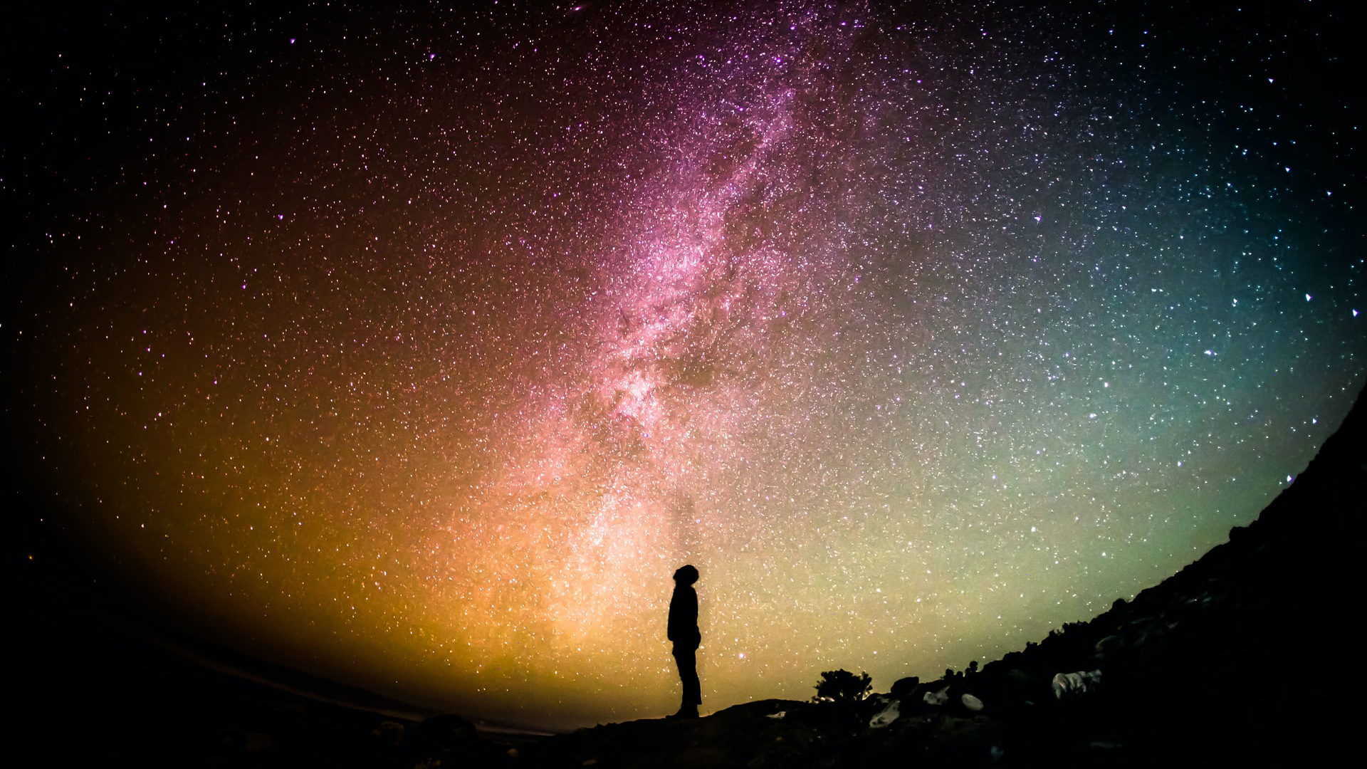 Man Is Standing Under Colorful Starry Sky HD Alone