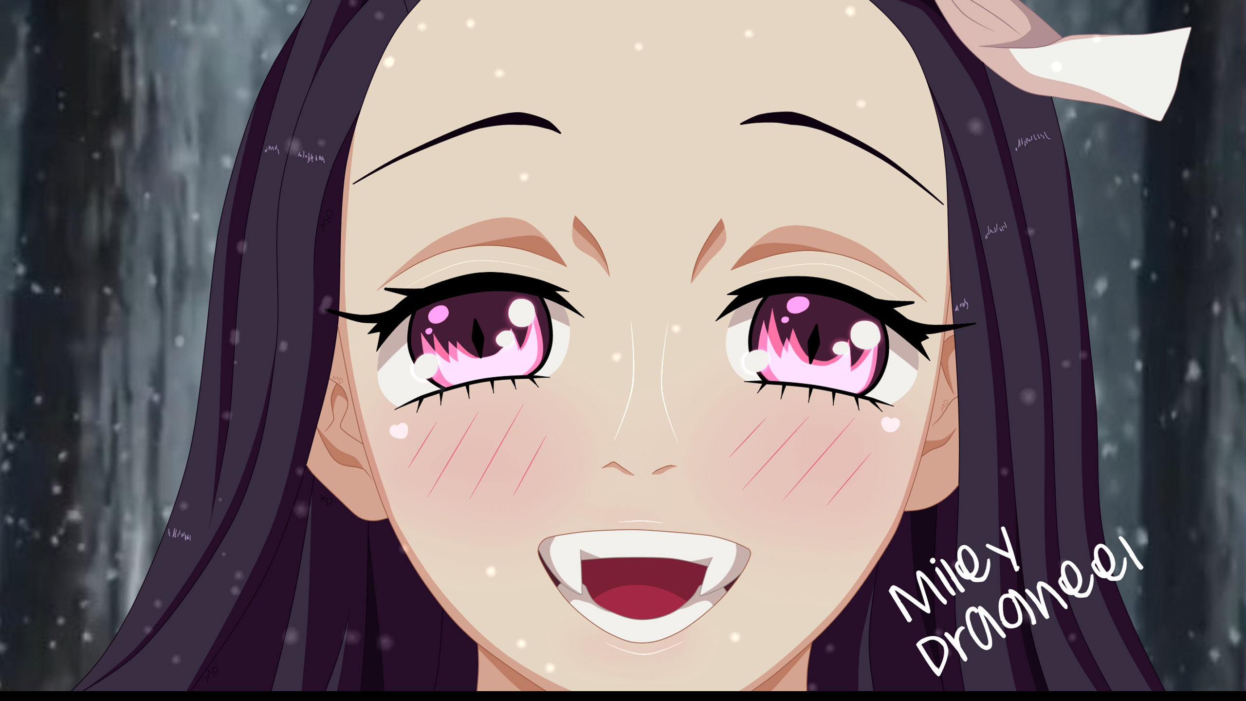 Demon Slayer Nezuko Kamado With Pink Eyes With Wallpaper Of Snow Falling And Trees HD