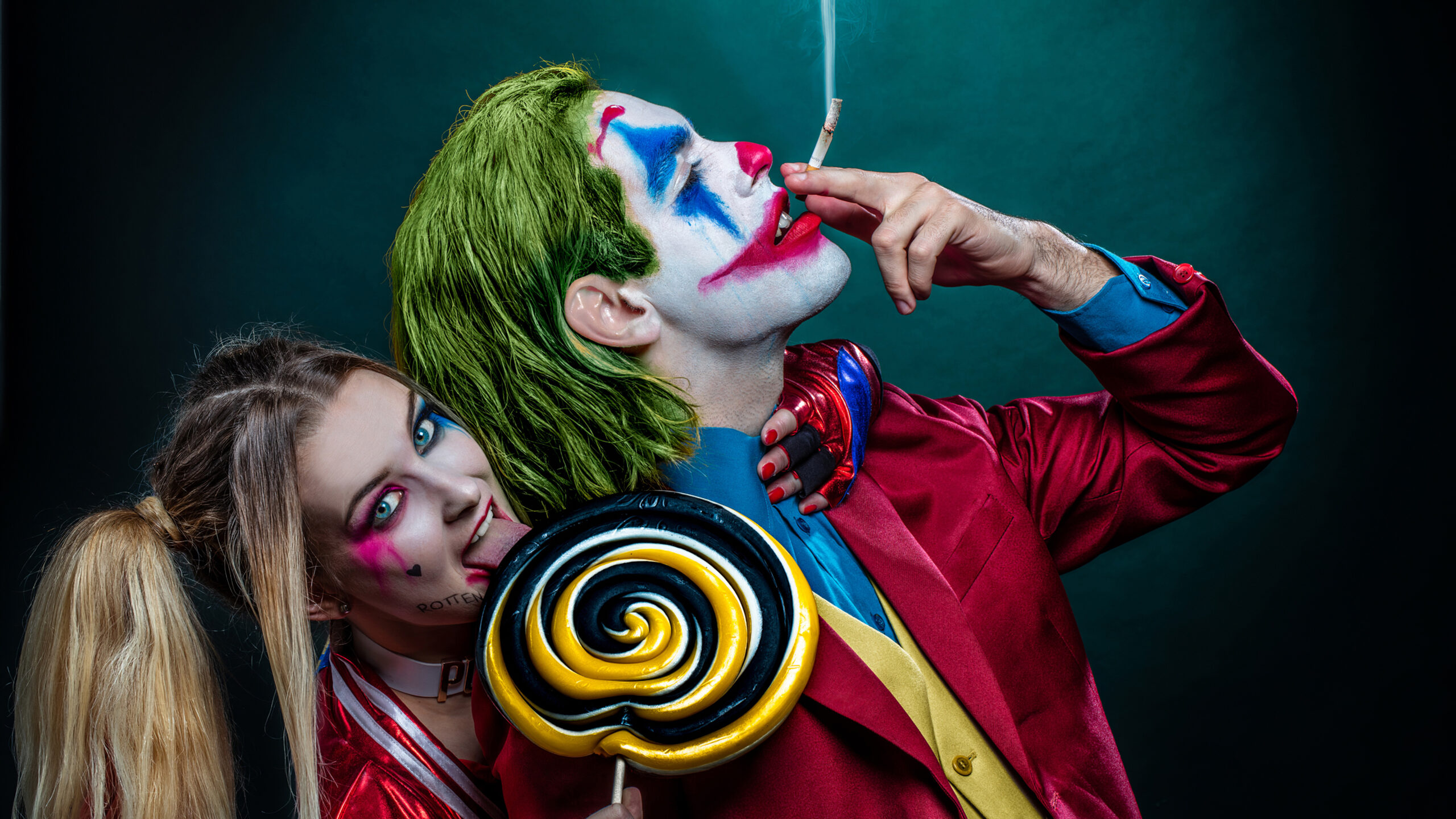 Girl Is Standing Near A Man With Joker Costume And Having A Big Lollipop With Harley Quinn Halloween Costume K HD Halloween Costume
