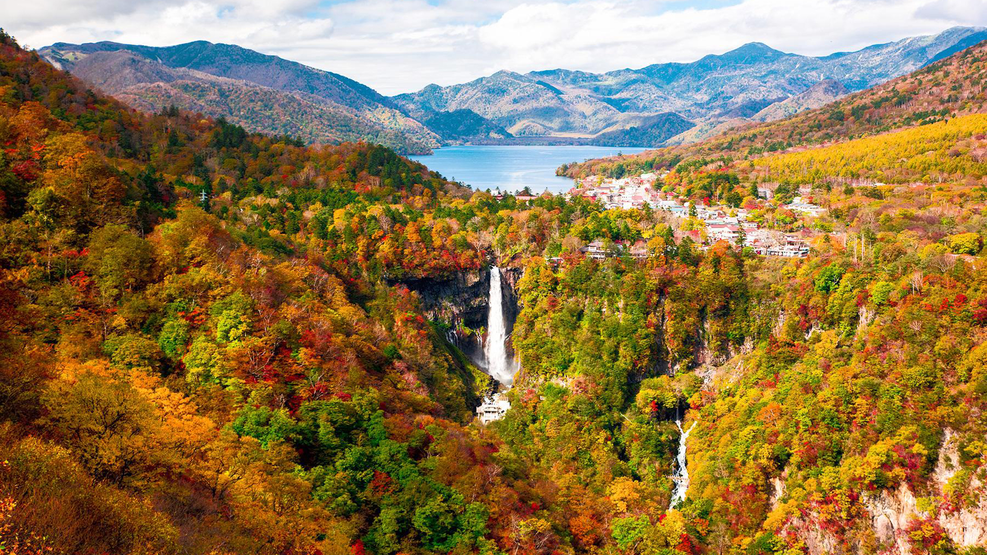Aerial View Of Waterfall Mountains River Green Yellow Red Autumn Fall Trees Under White Clouds Sky HD Fall