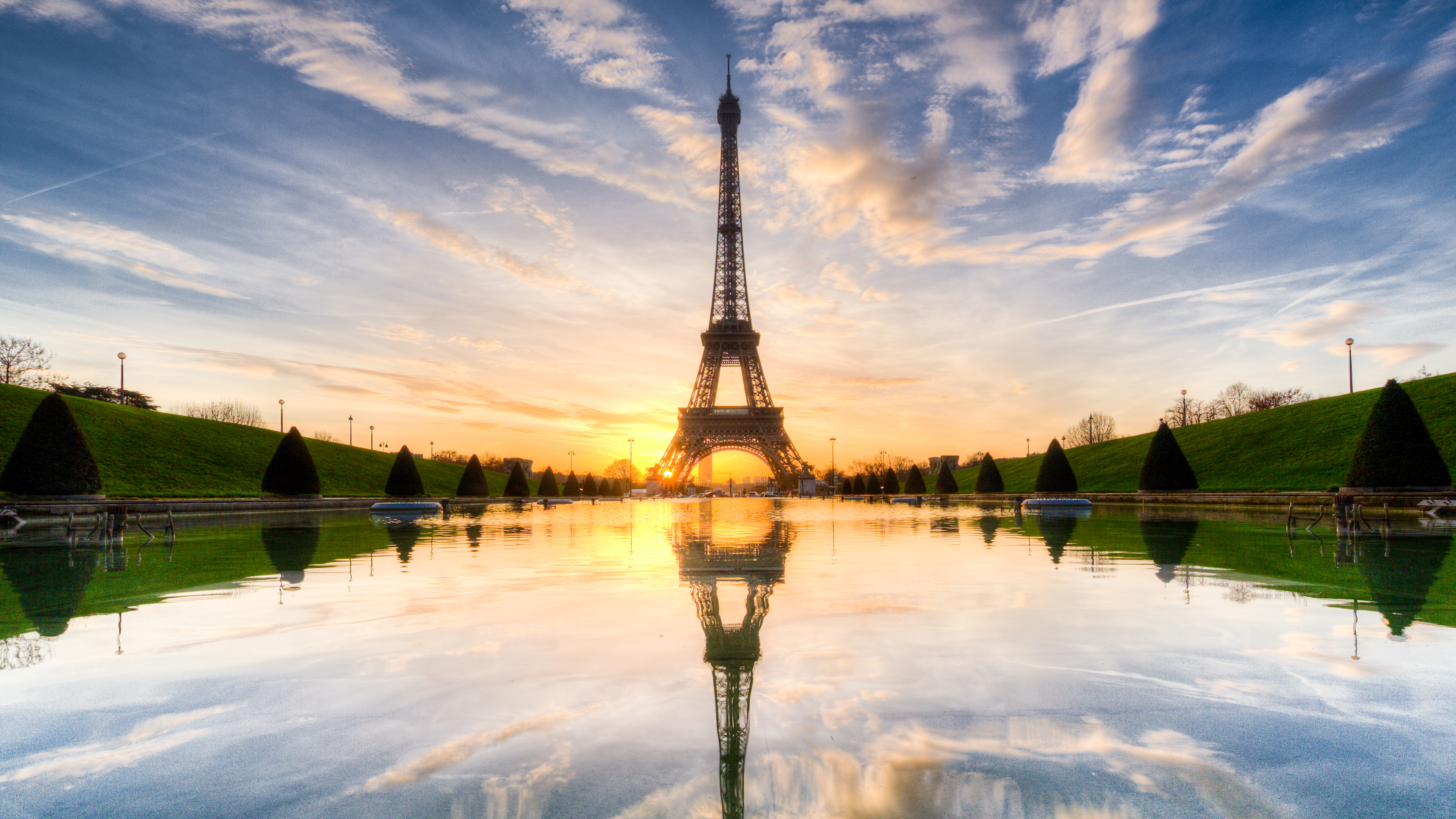 Eiffel Tower And Reflection On Water With Blue Sky And Clouds Wallpaper During Sunrise K K HD Travel