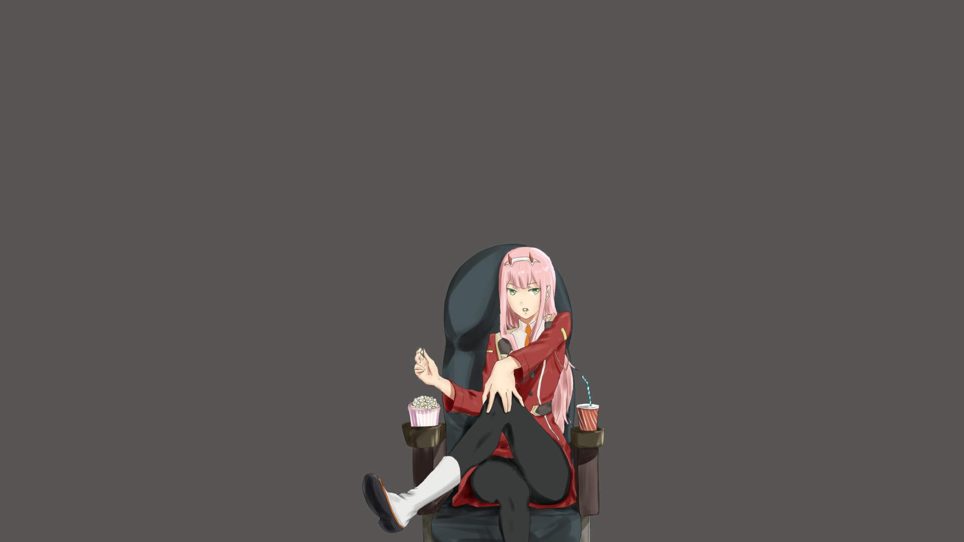 Darling In The FranXX Zero Two Hiro Zero Two Sitting On Chair With Popcorn And Cooldrinks With Black Wallpaper HD