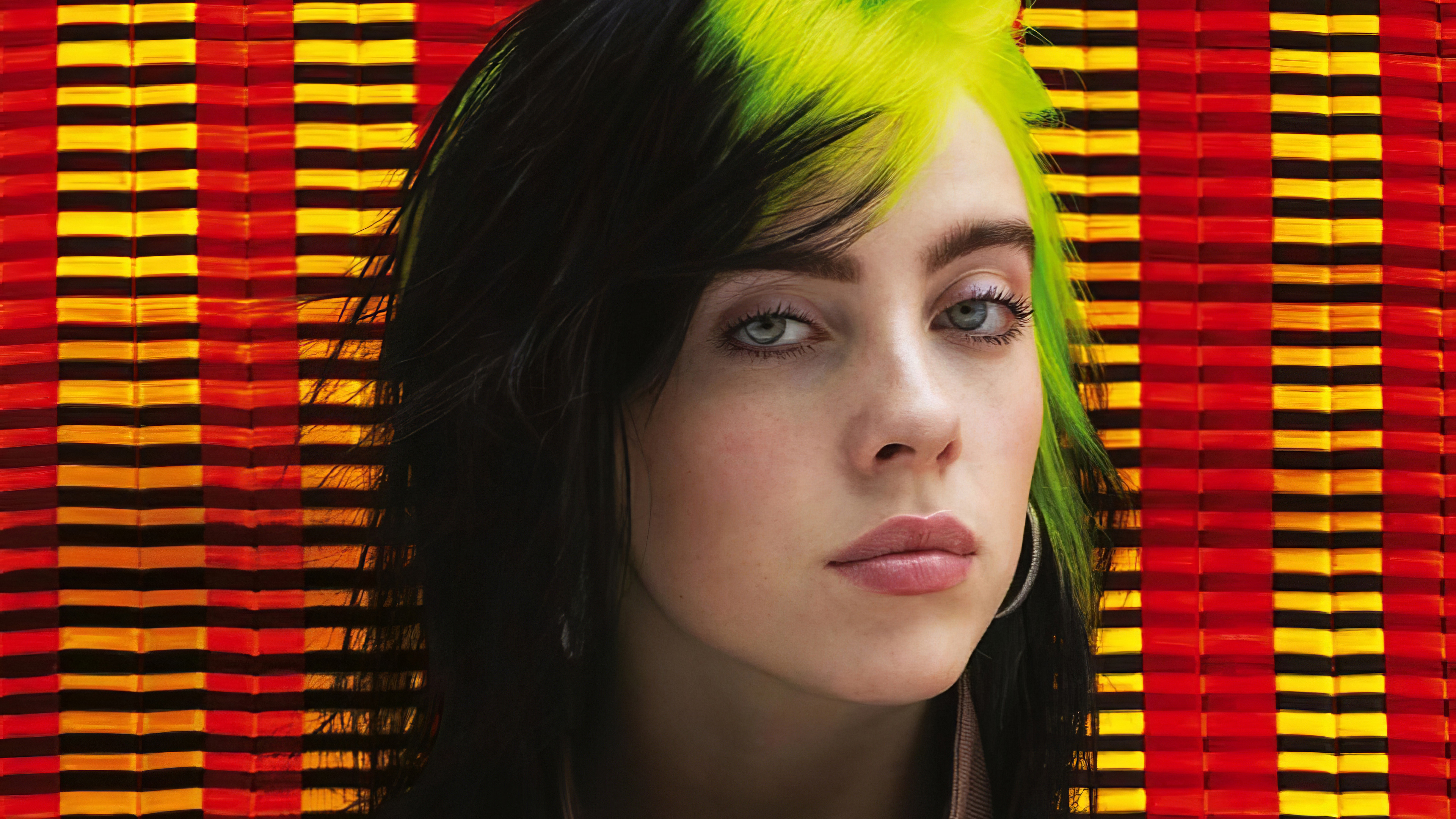 Billie Eilish With Ash Eyes And Green Hair In Red And Yellow Strips Wallpaper Looking Cute K HD