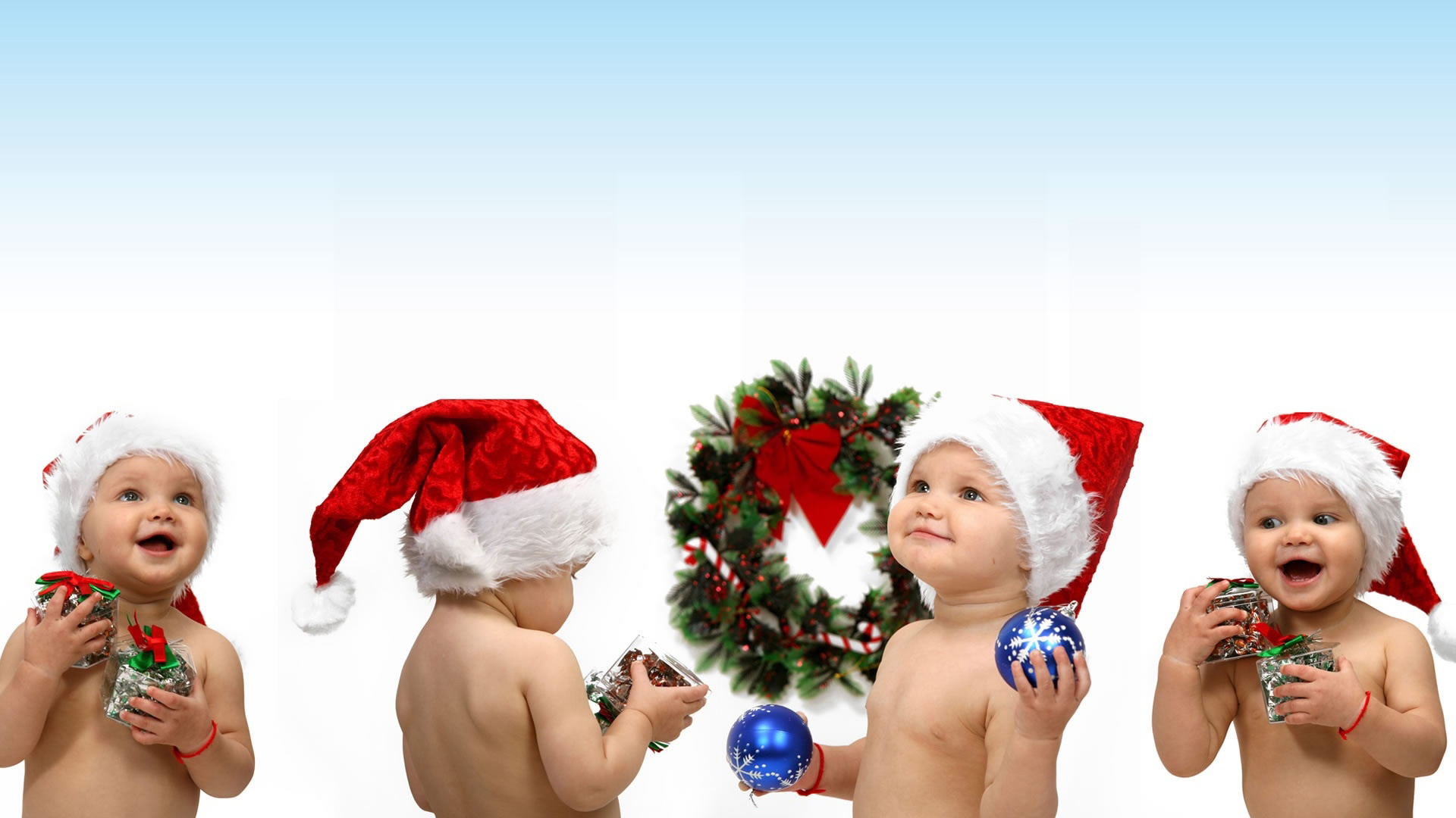 Happy Smiley Baby Boy Is Having Christmas Gifts In Hands Wearing Santa Cap In White Wallpaper HD