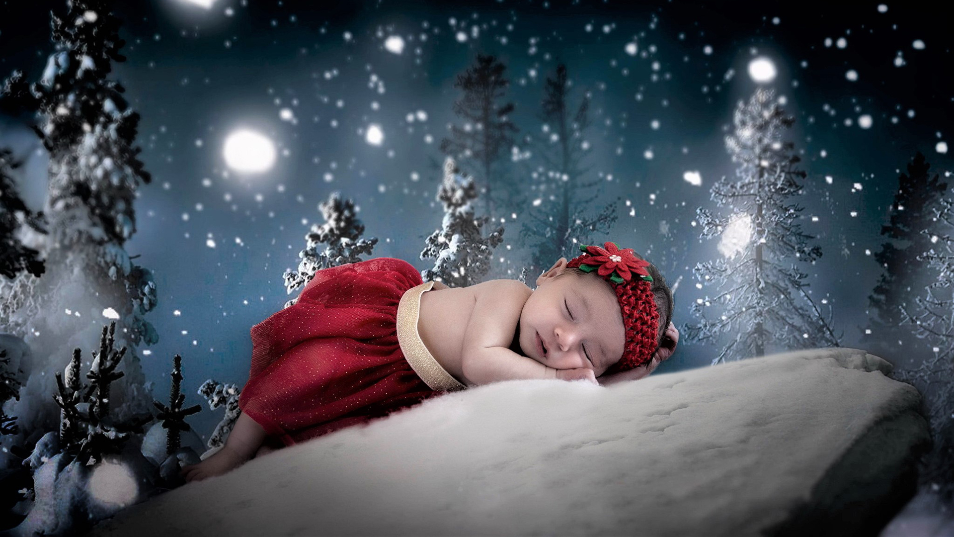 Baby girl is sleeping on snow covered rock with starry Wallpaper wearing red dress and band on head hd