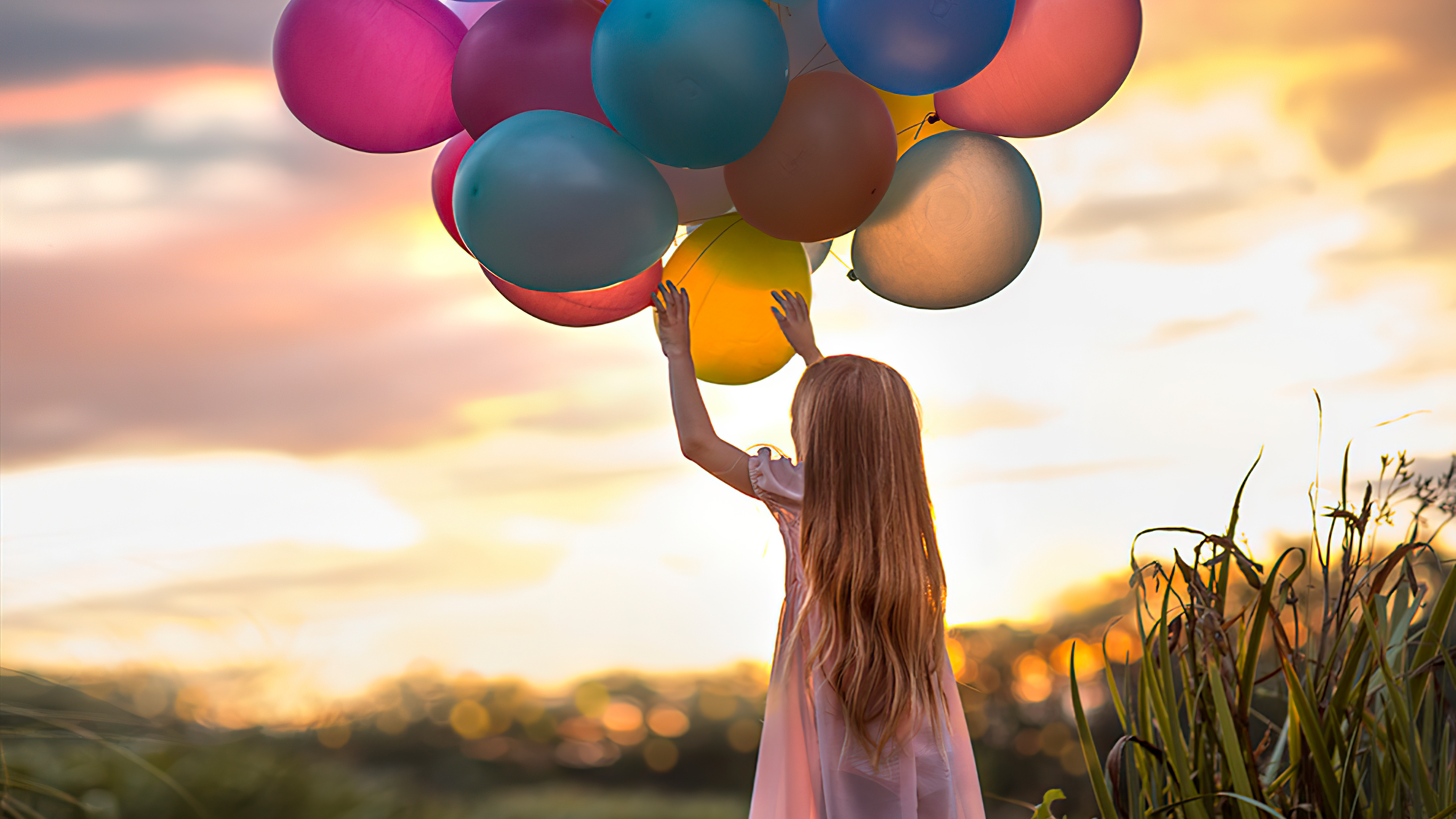 Little Girl With Colorful Balloons Is Wearing Pink Dress K HD