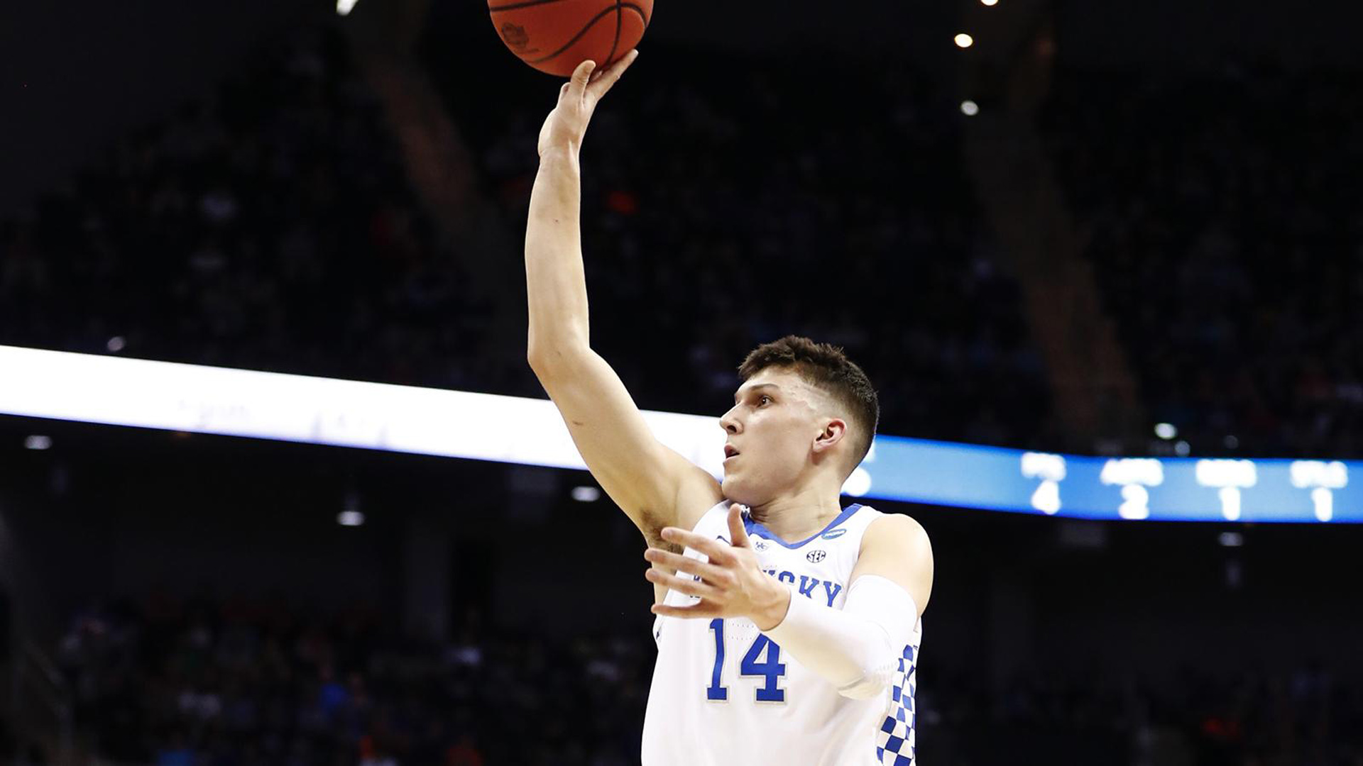 Tyler Herro Is Trying To Throw A Ball To Basket Wearing White Dress Basketball HD