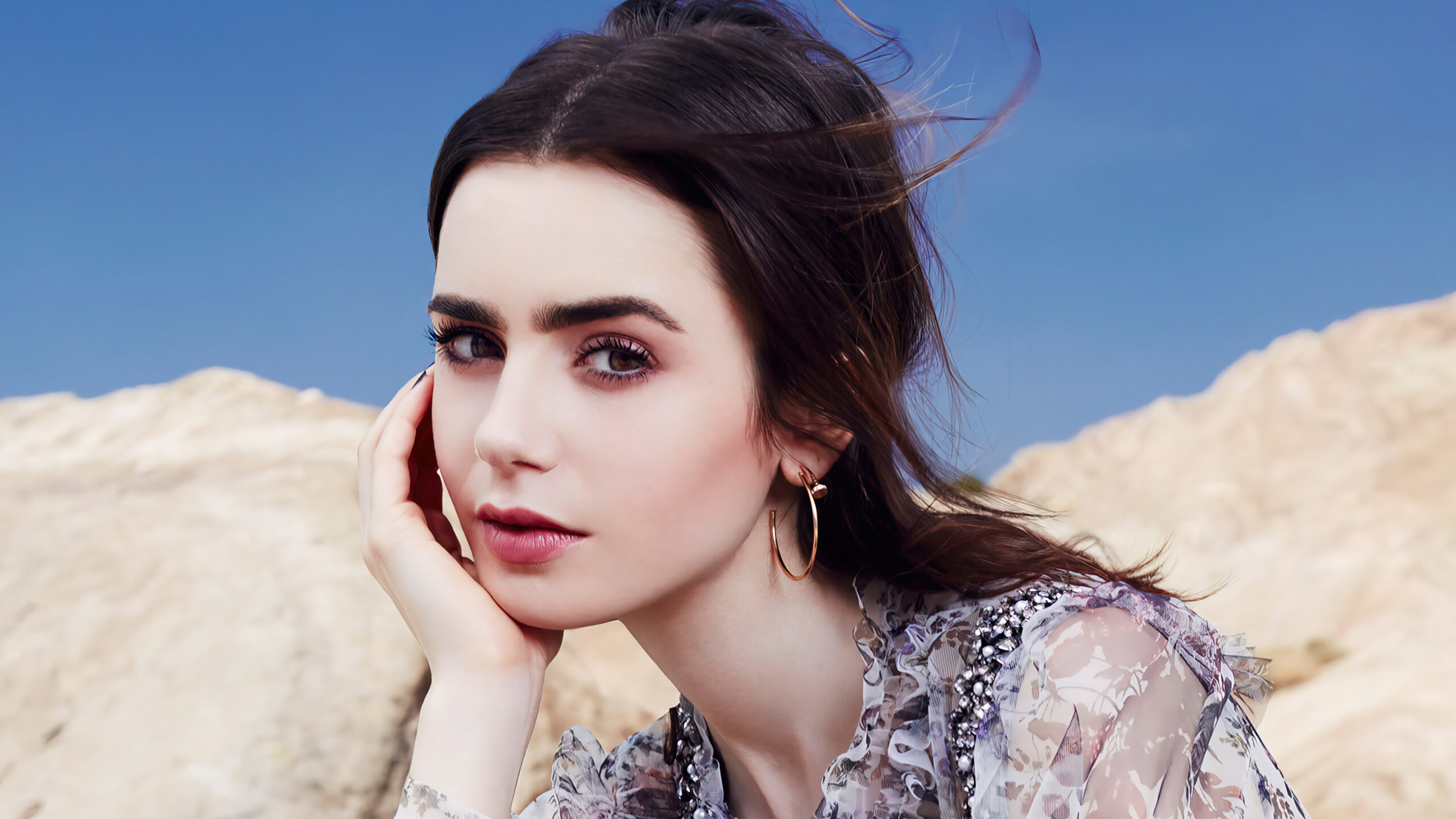 Closeup View Of Beautiful Lily Collins Is Wearing White Black Dress Sitting In Blue Sky Wallpaper K HD Girls