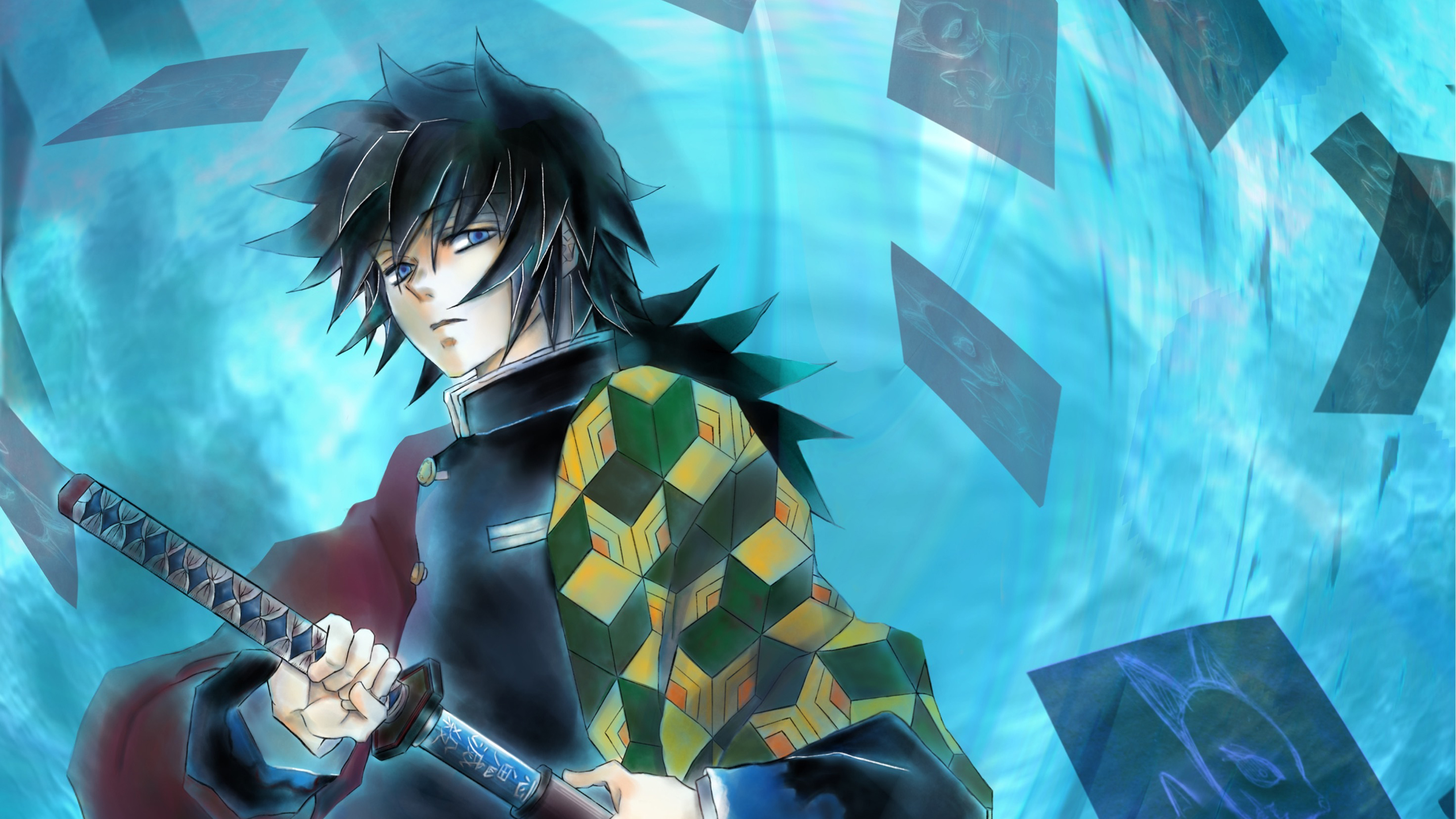 Demon Slayer Giyuu Tomioka With Sword With Wallpaper Of Blue And Flying Papers HD
