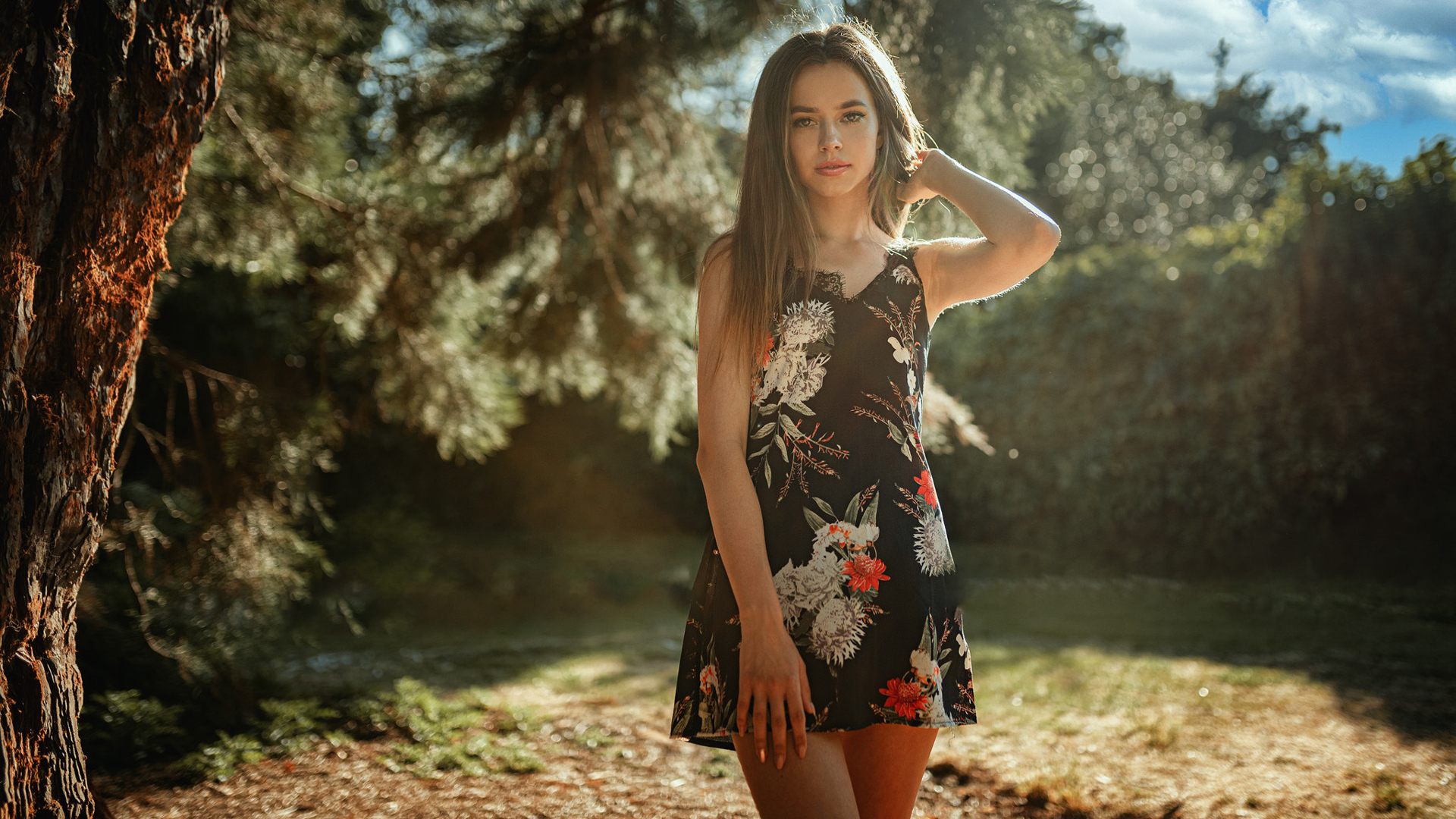 Brunette Girl Model Woman Is Wearing Flowers Printed Black Dress In Trees Wallpaper HD Girls