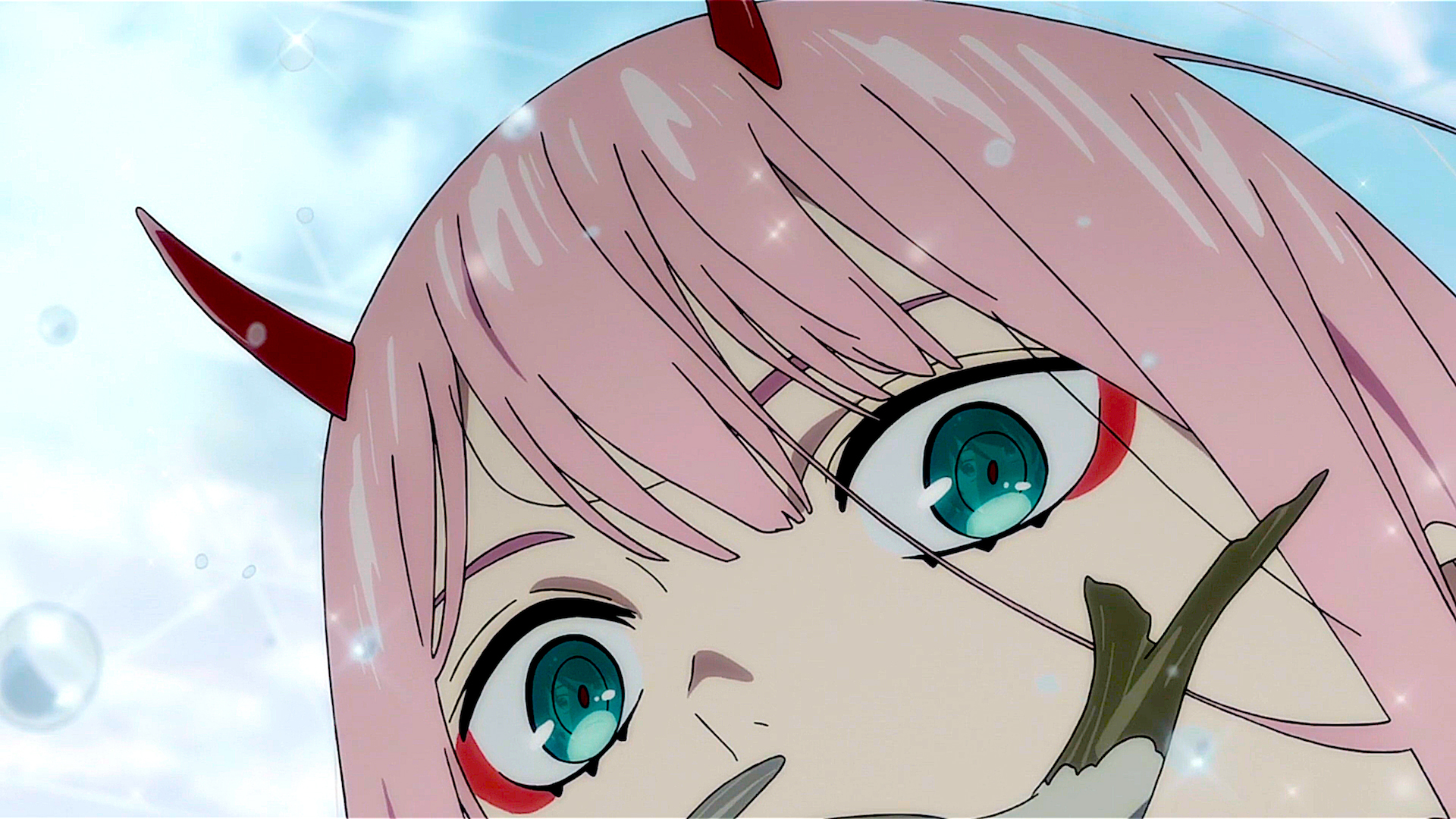 Darling In The FranXX Zero Two Hiro Closeup Of Zero Two With Green Eyes And Pink Hair And Horn With Blue Sky Wallpaper HD