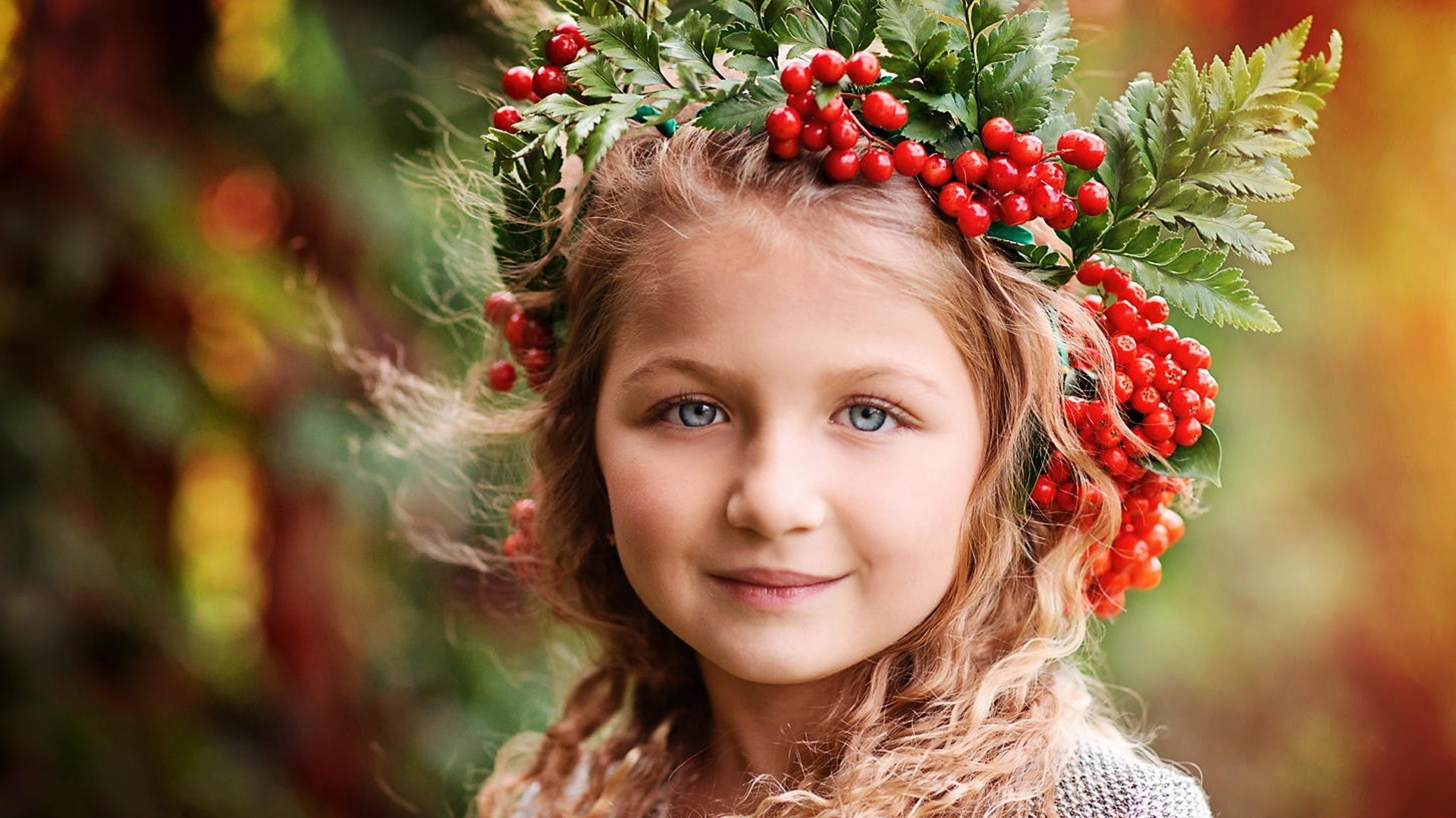 Grey Eyes Little Girl Is Having Red Cherries With Leaves On Head Standing In Colorful Wallpaper HD